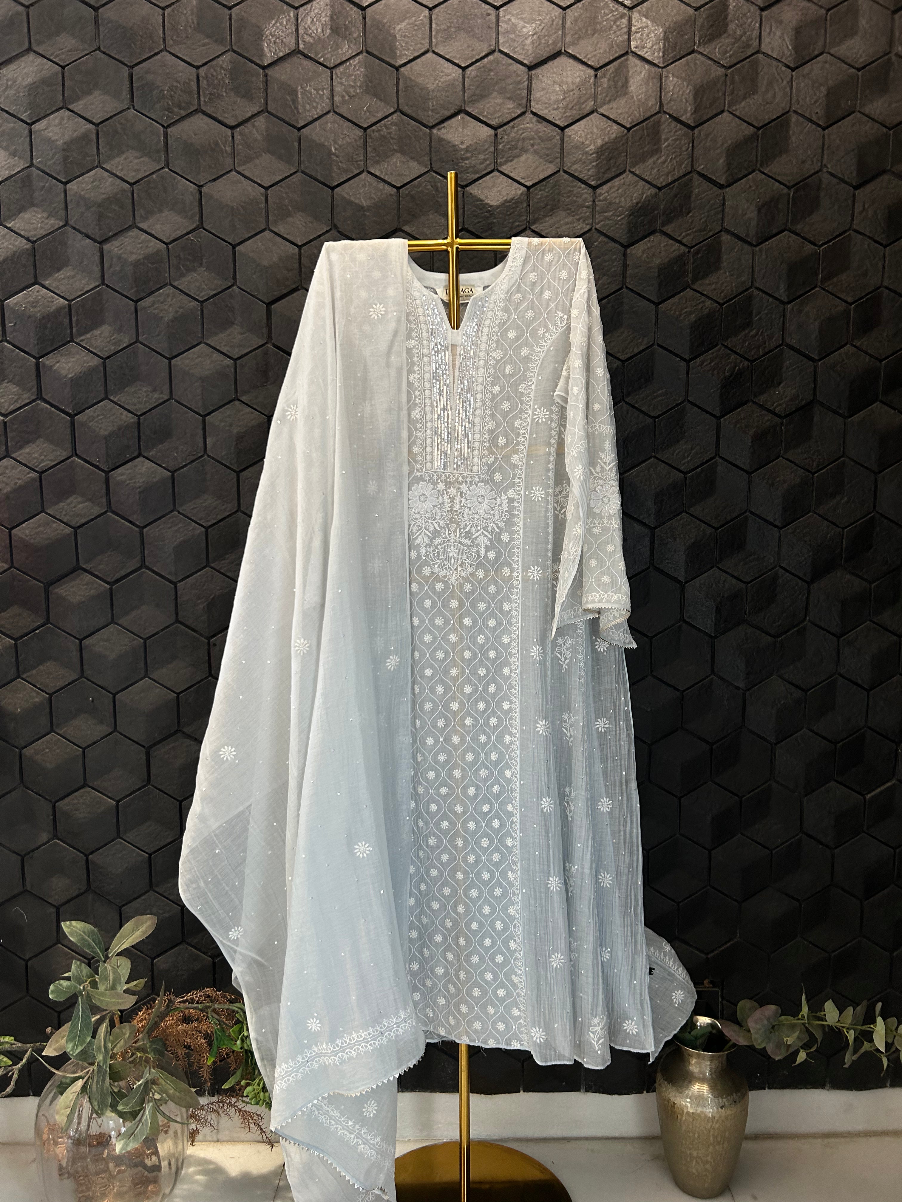 Blue Mul Chanderi Chikankari Anarkali Set