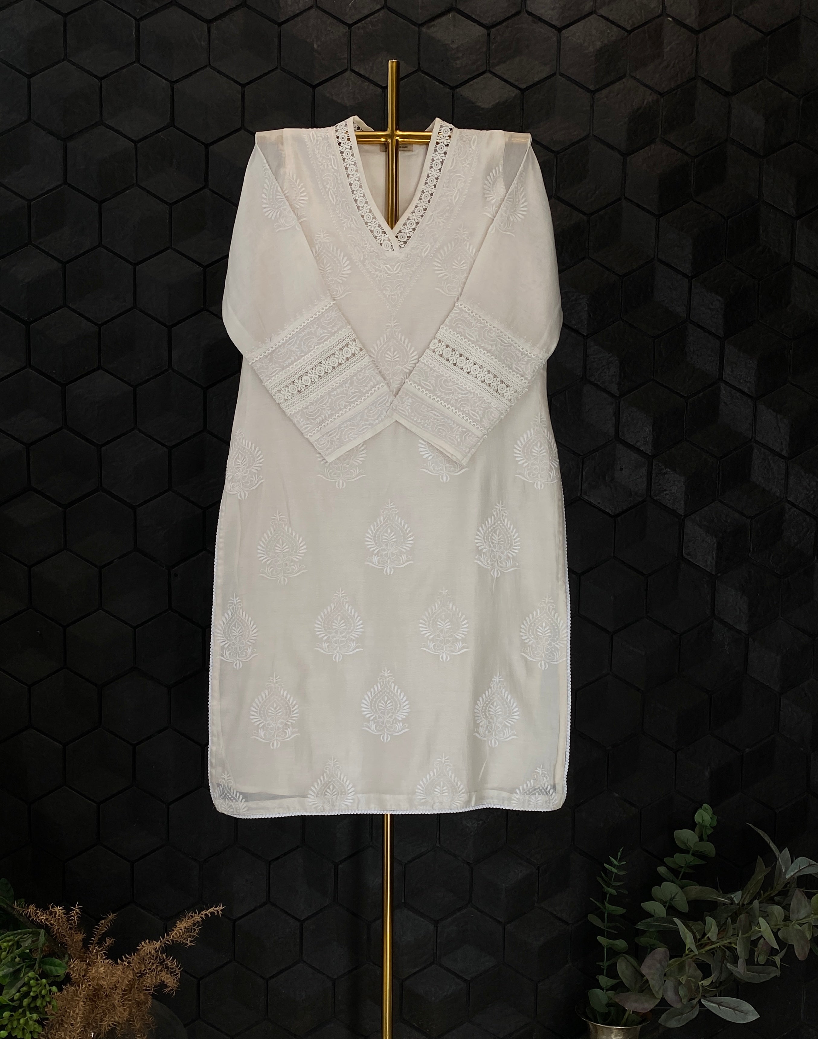 White Chanderi Chikankari Kurta Set