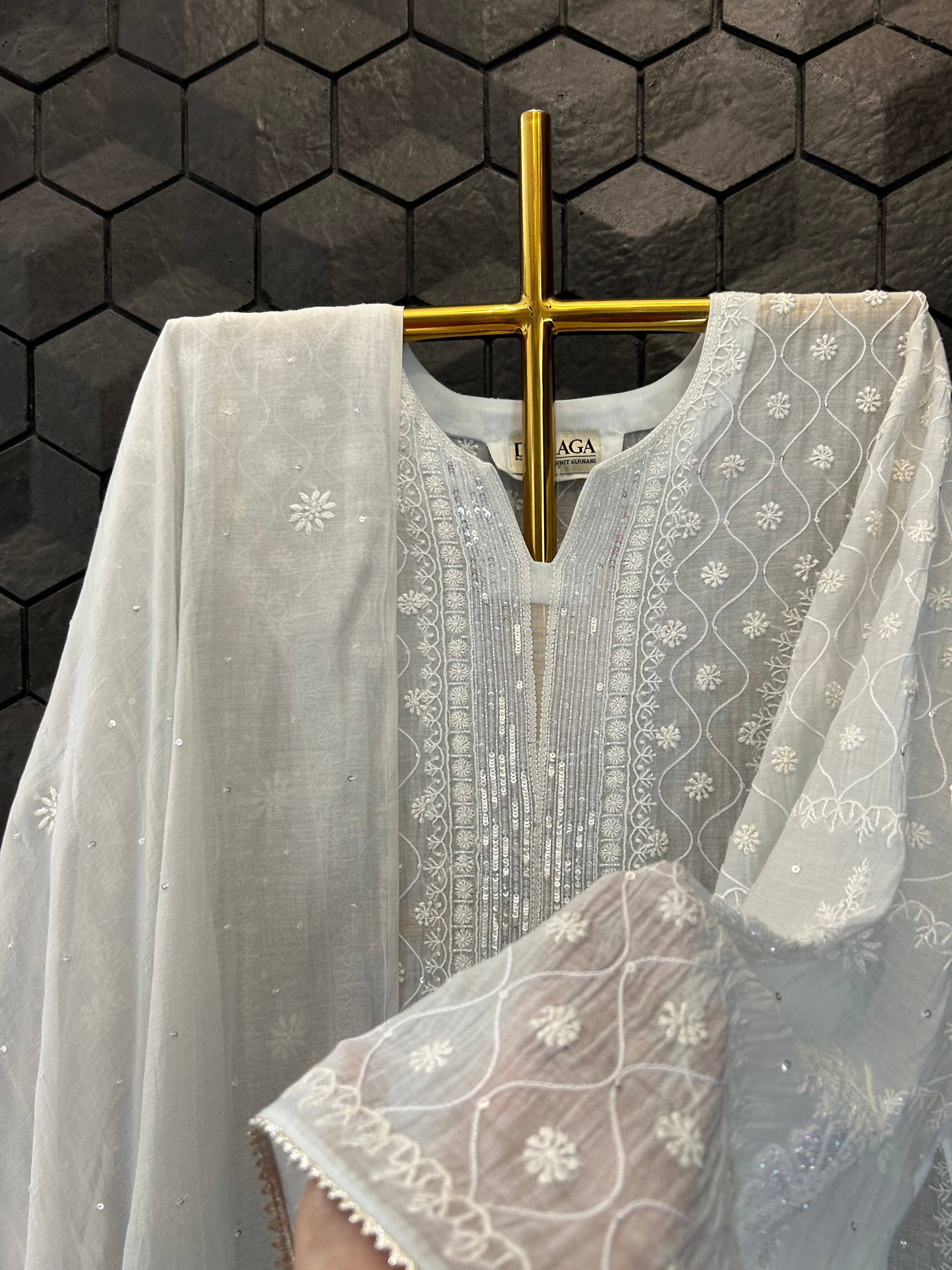 Blue Mul Chanderi Chikankari Anarkali Set