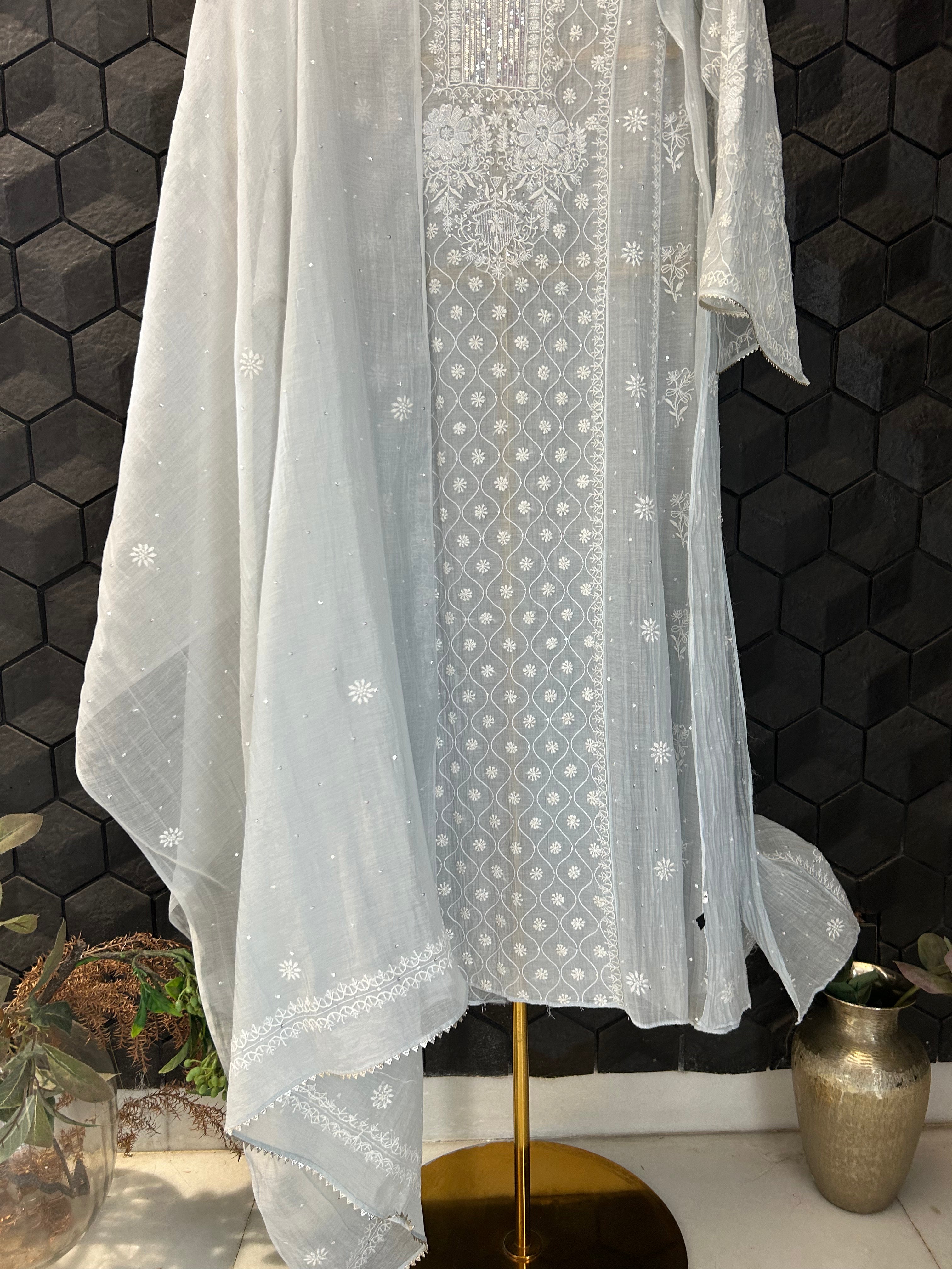 Blue Mul Chanderi Chikankari Anarkali Set