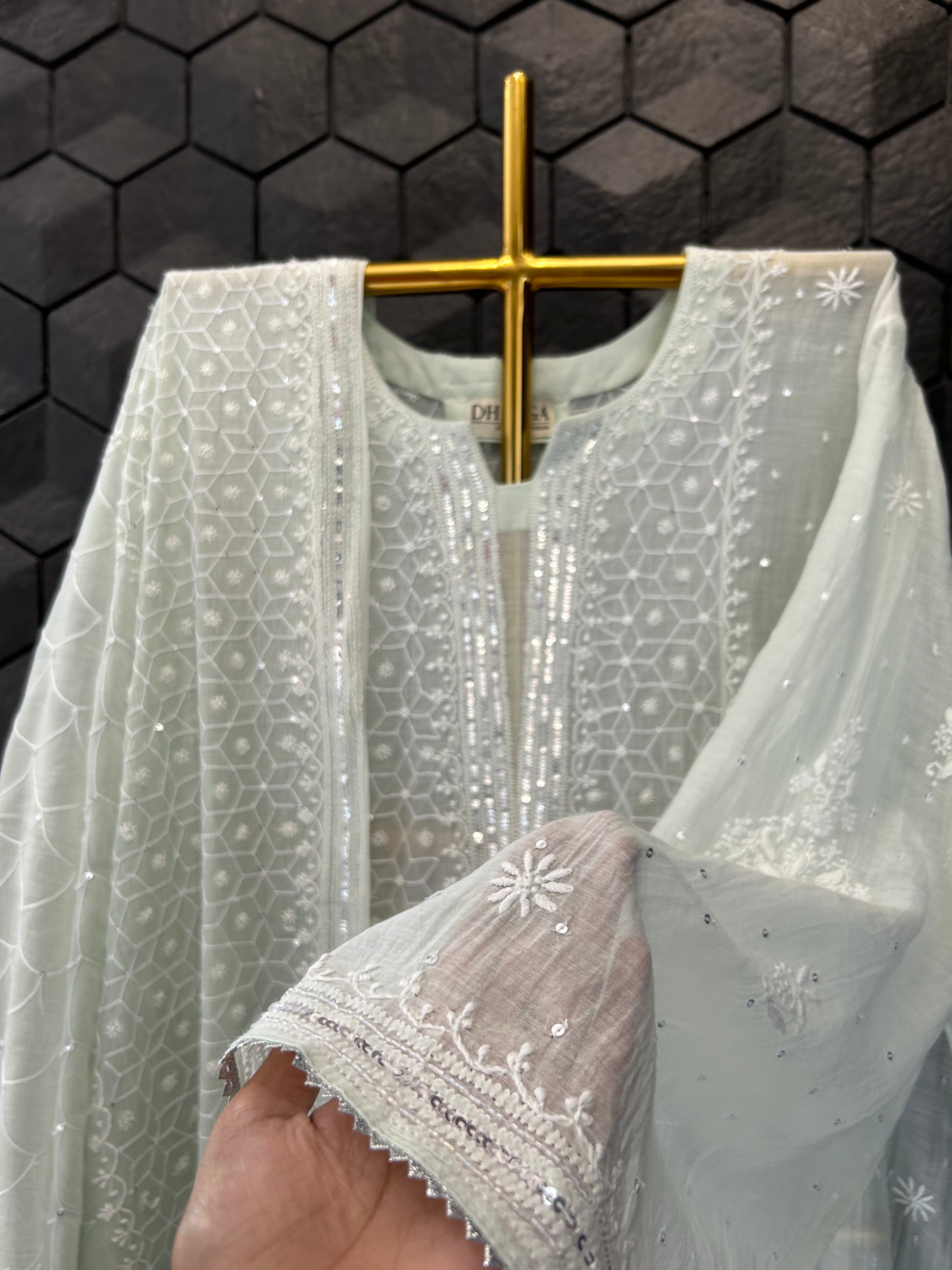 Green Mul Chanderi Chikankari Kurta Set