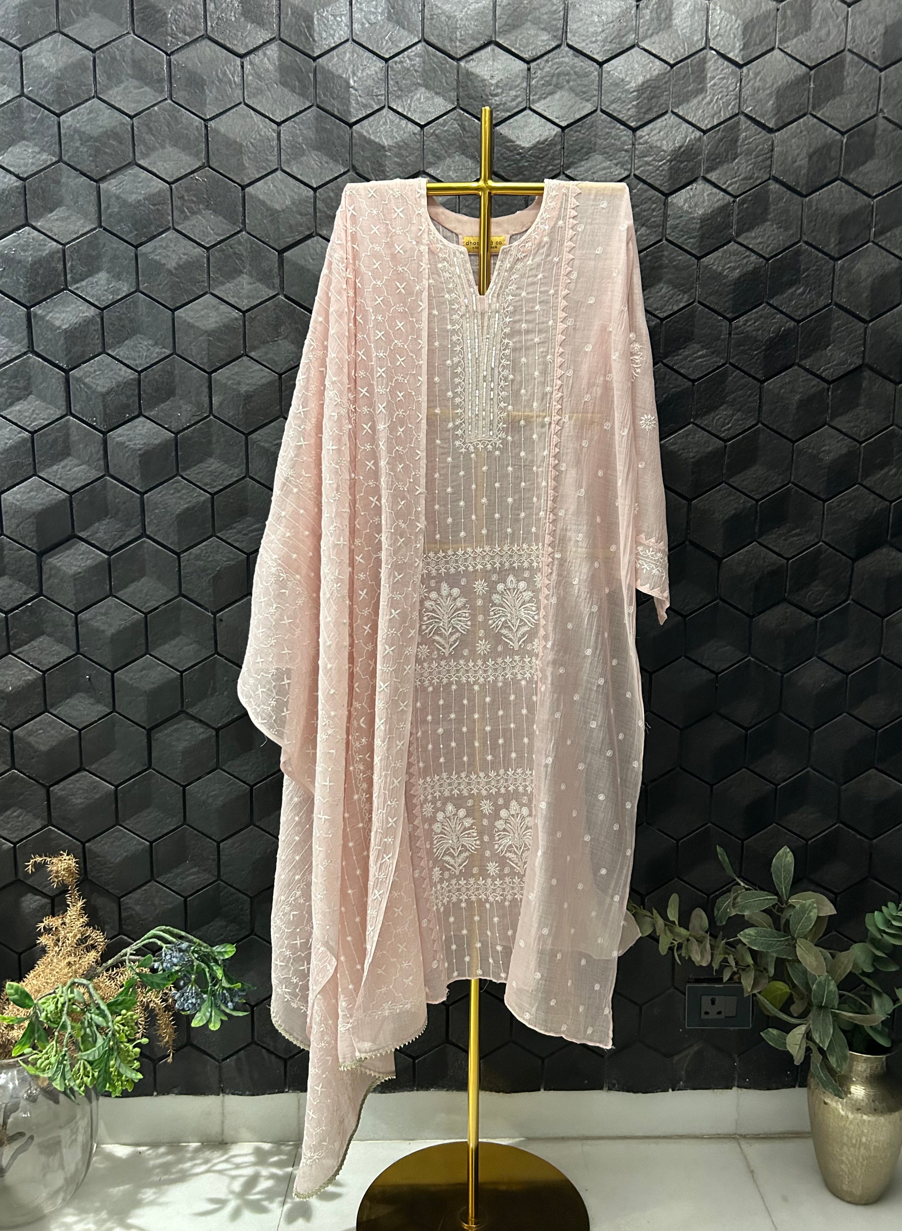 Pink Chanderi Chikankari Kurta Set