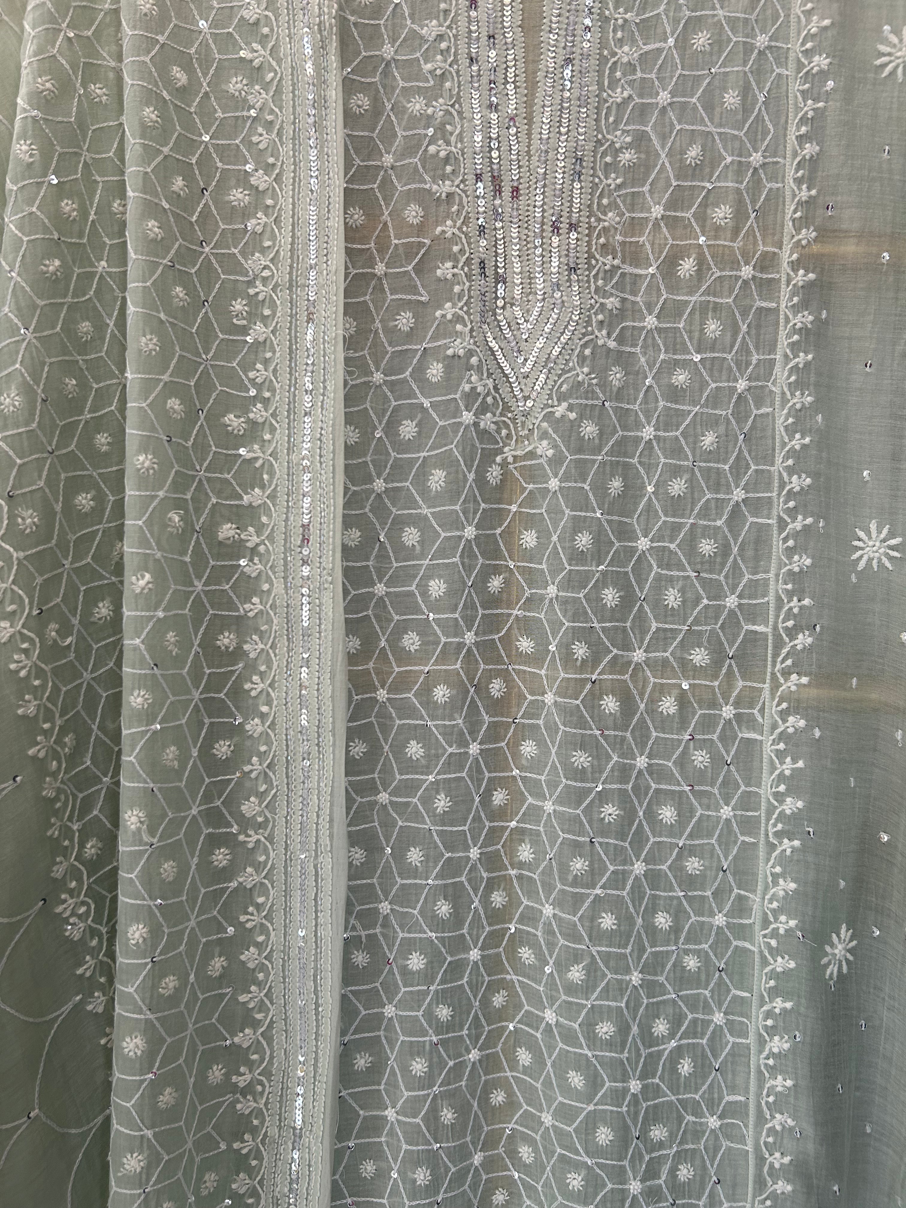 Green Mul Chanderi Chikankari Kurta Set