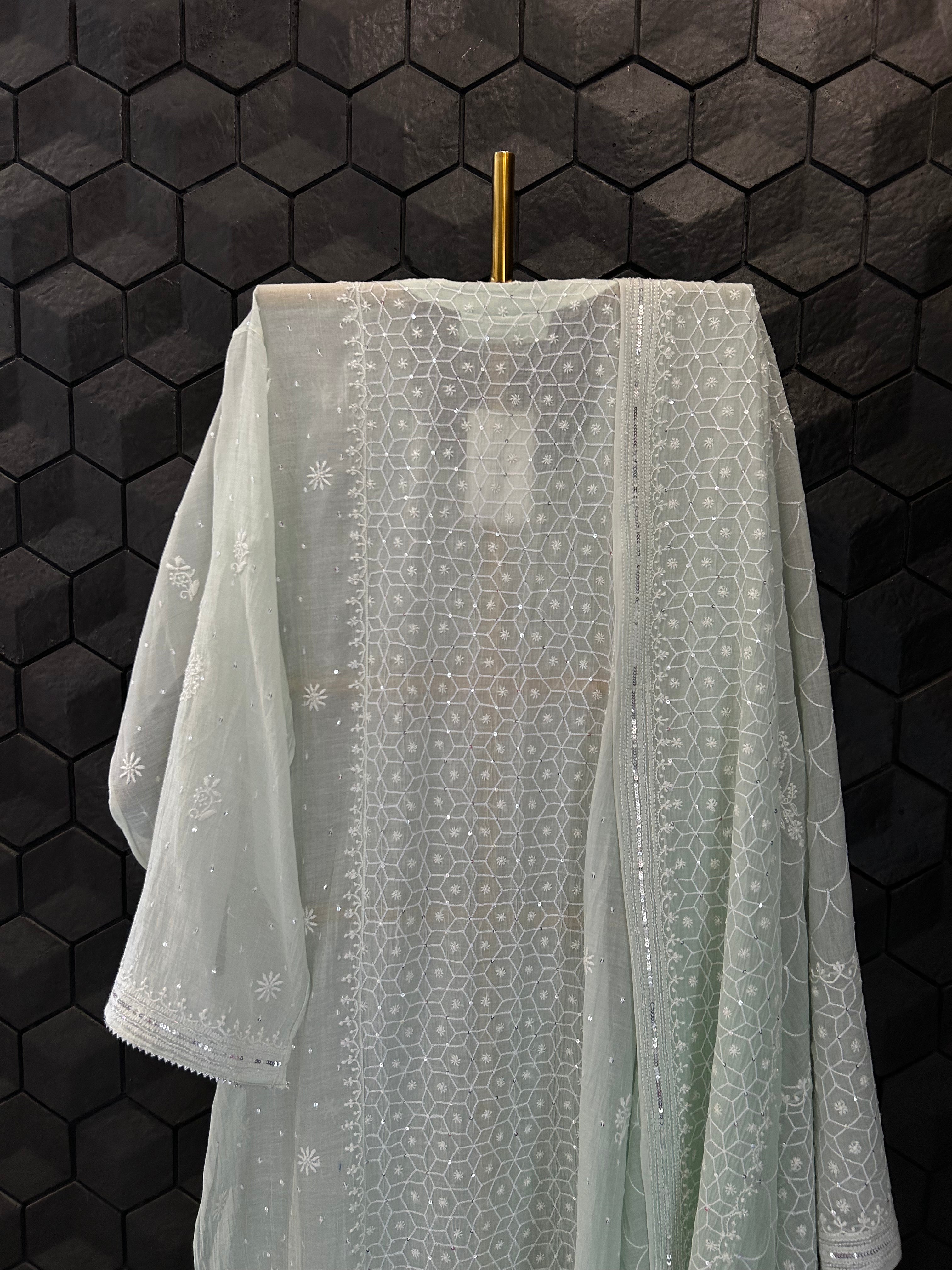 Green Mul Chanderi Chikankari Kurta Set