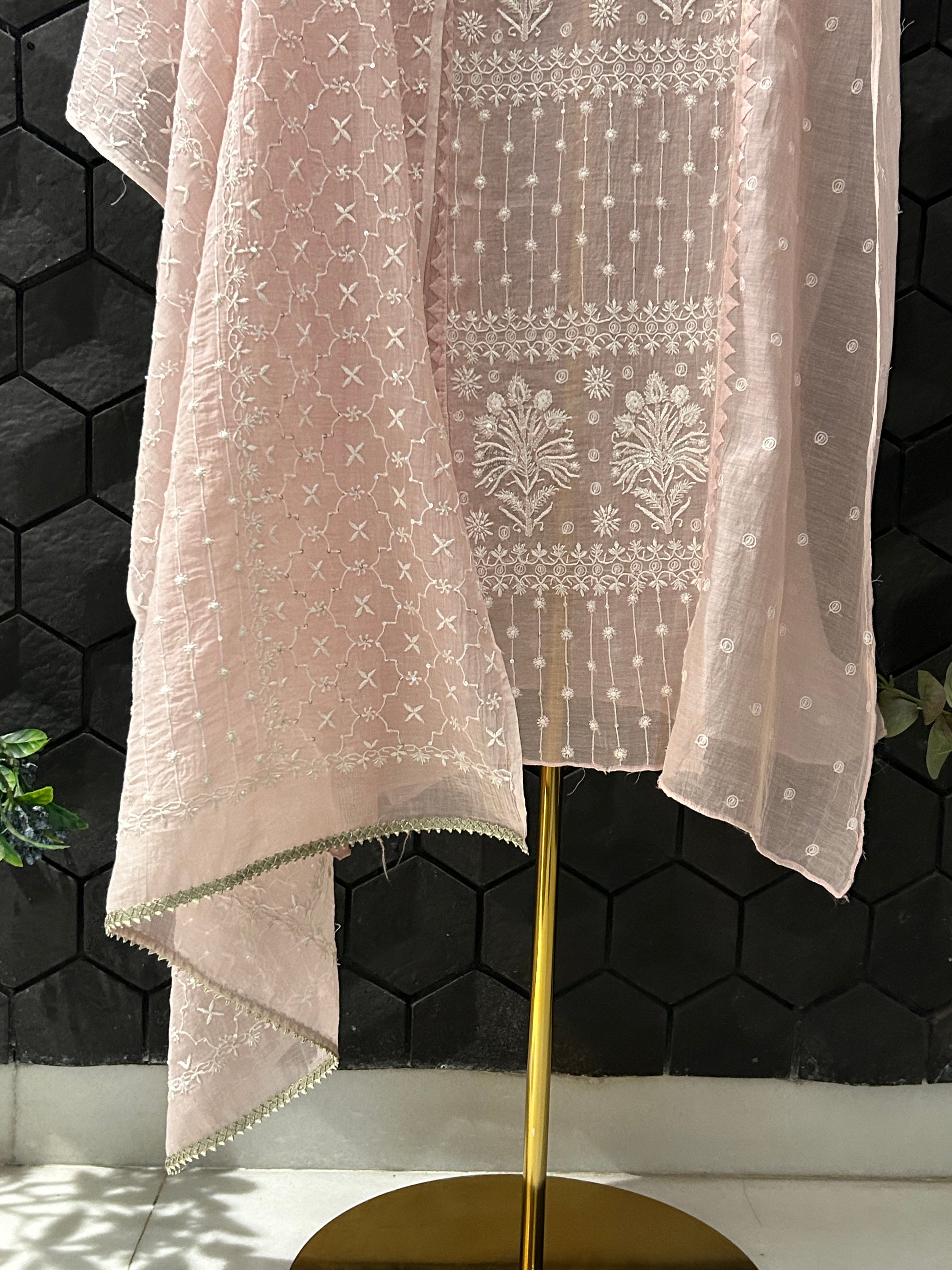 Pink Chanderi Chikankari Kurta Set