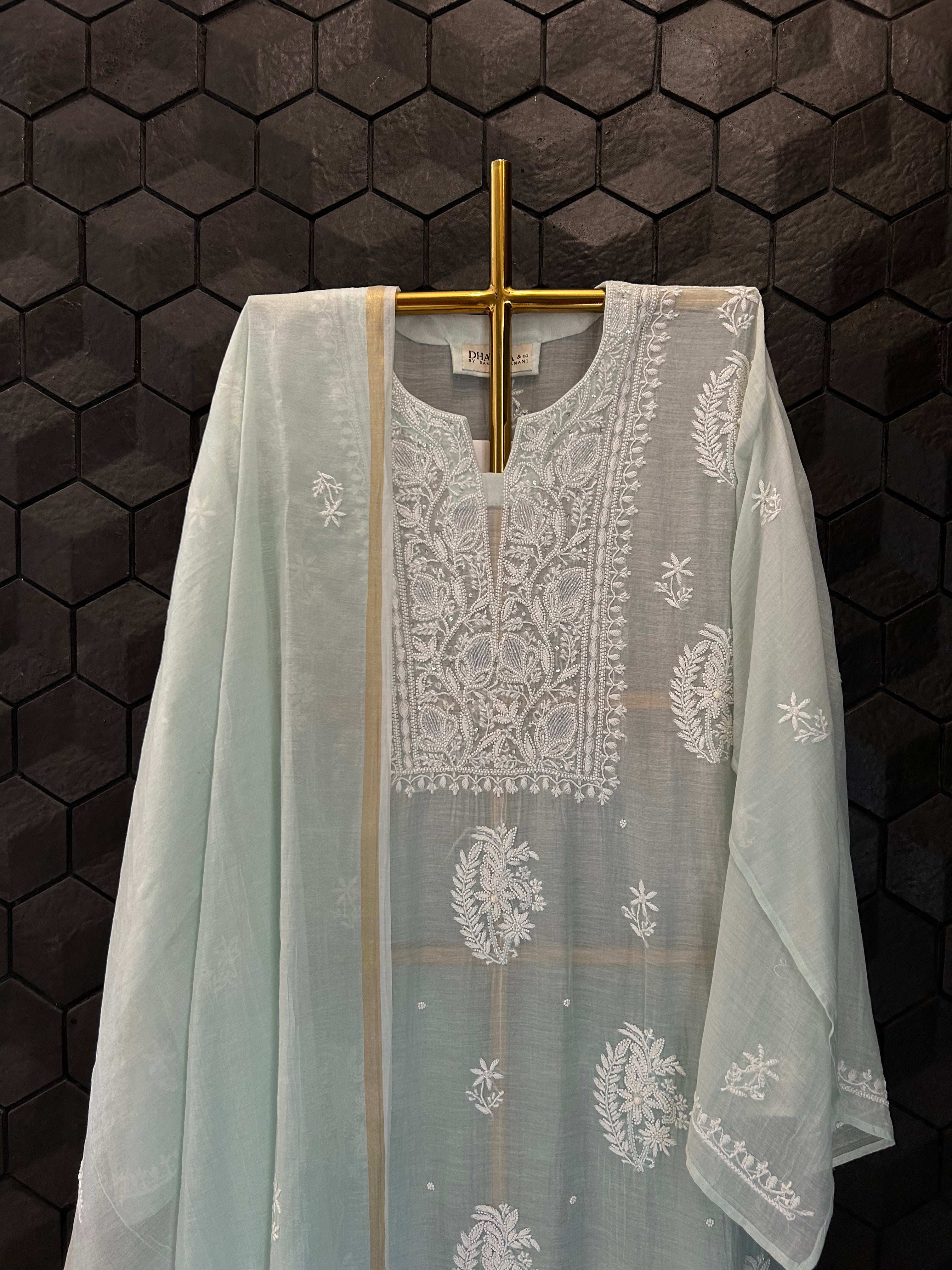 Green Mul Chanderi Chikankari Kurta Set