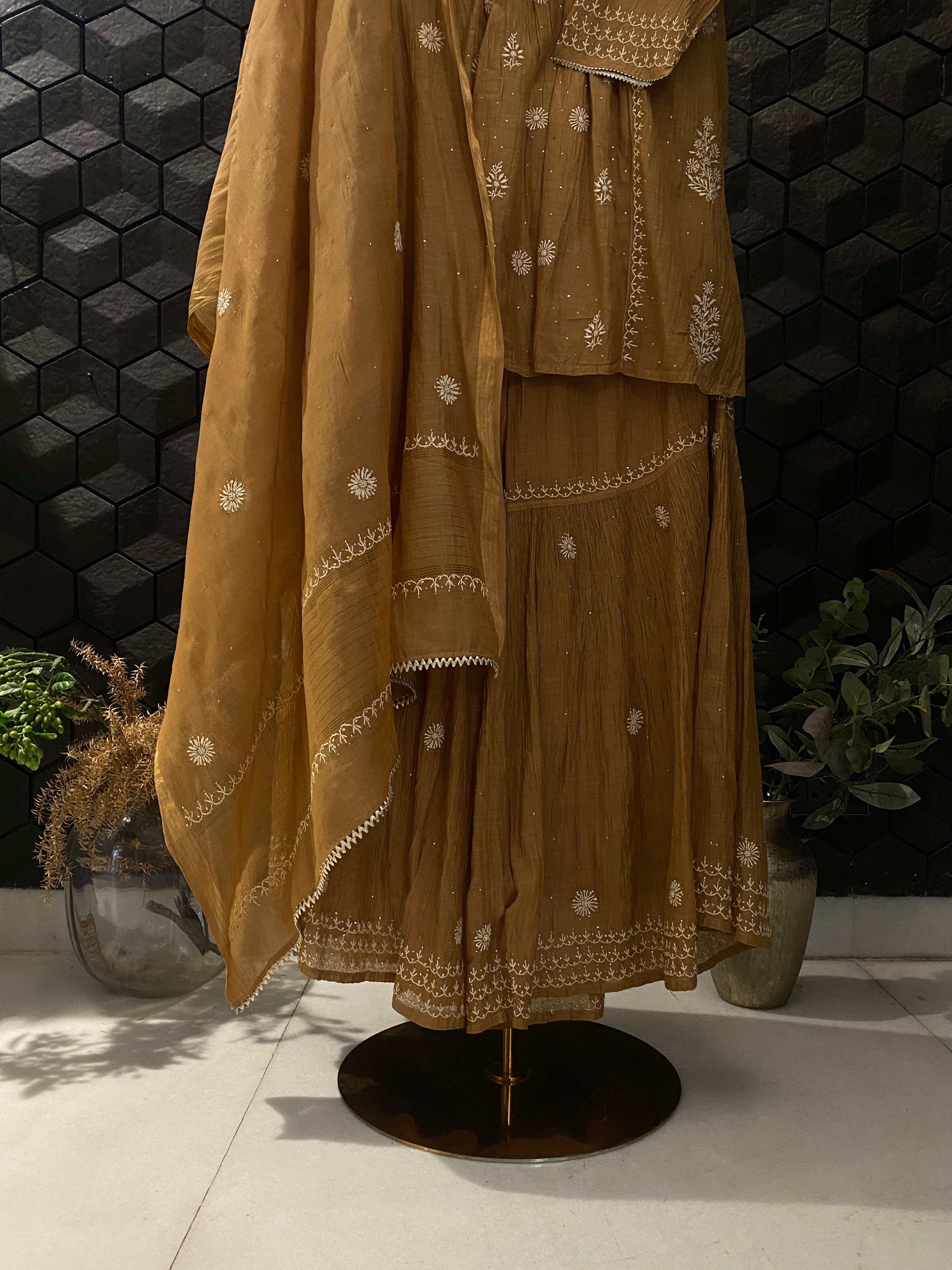 Mustard Mul Chanderi Chikankari Sharara Set