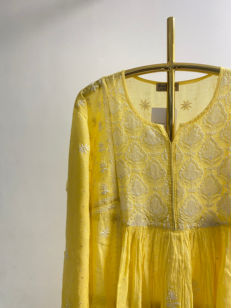 Yellow Chanderi Chikankari A-Line Kurta Set