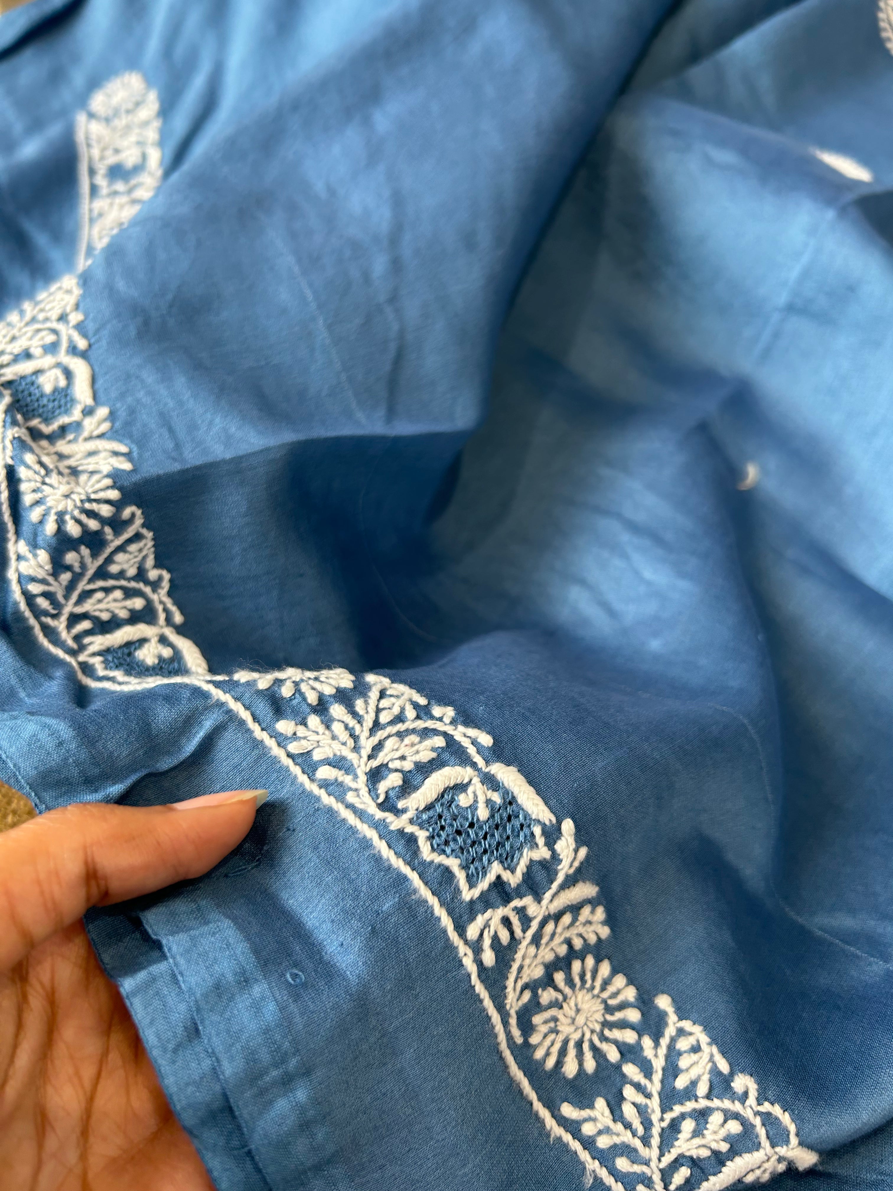 Cobalt blue Chanderi Chikankari Mens Kurta