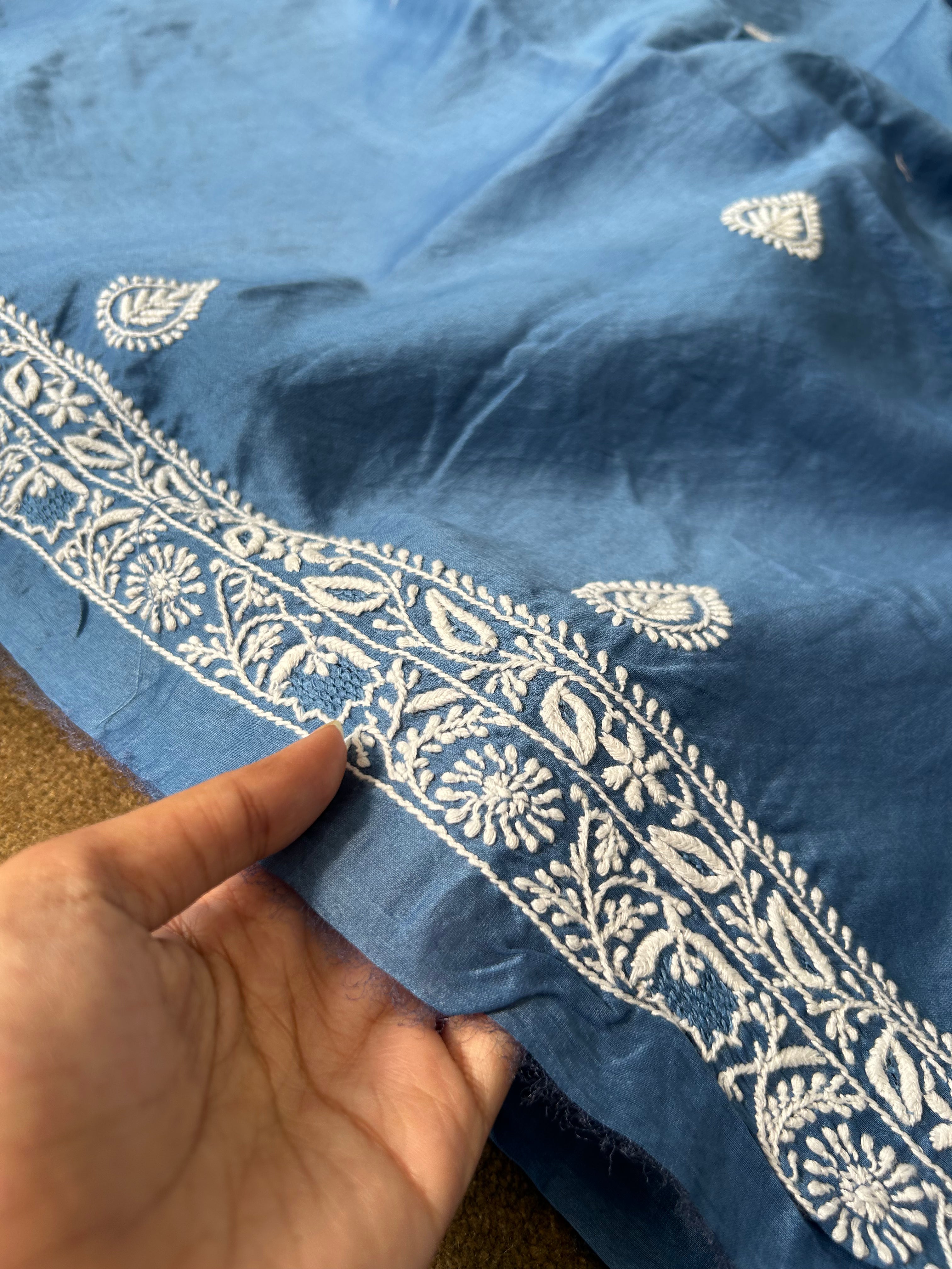 Cobalt blue Chanderi Chikankari Mens Kurta