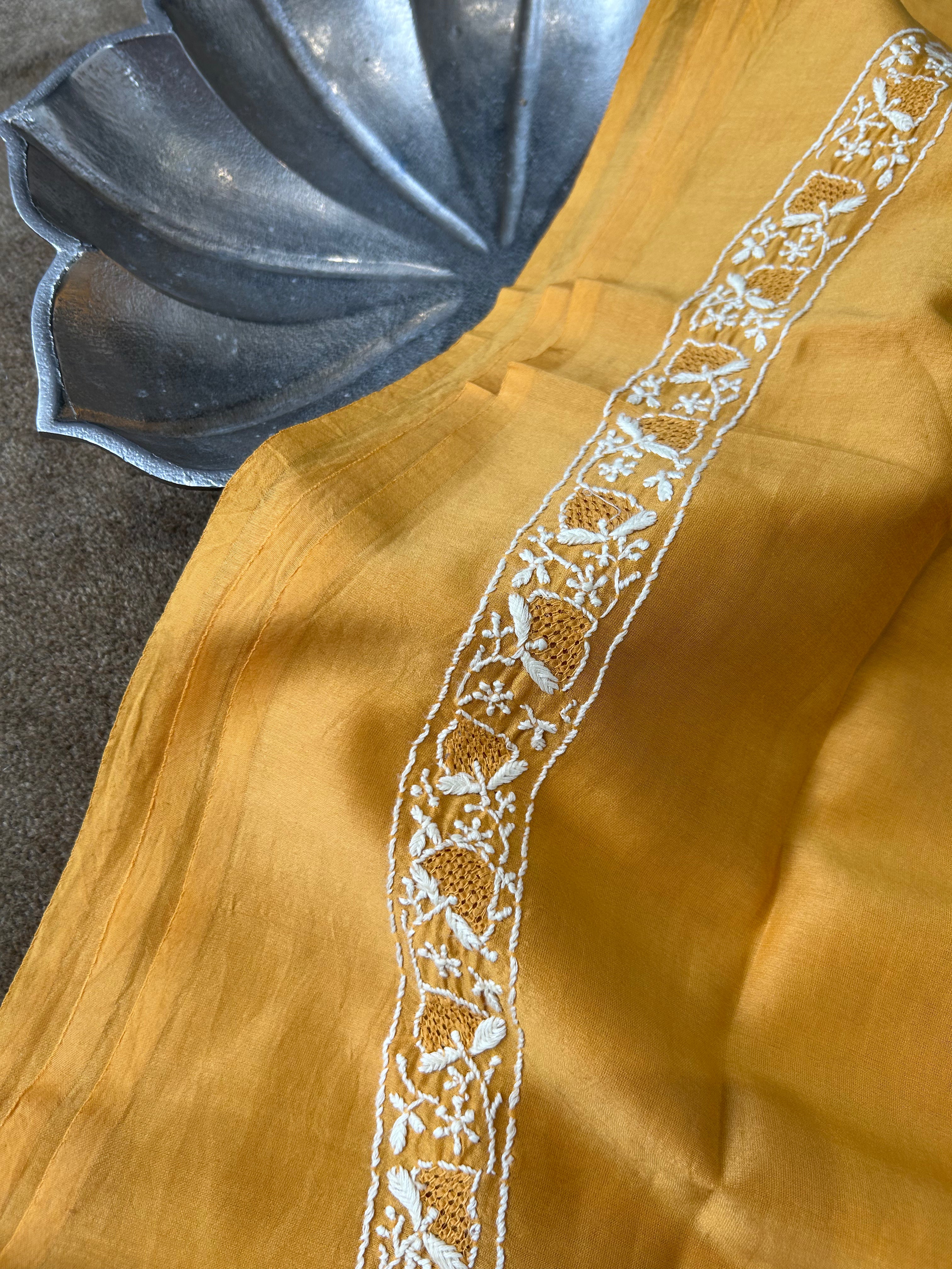 Mustard Chanderi Chikankari Mens kurta
