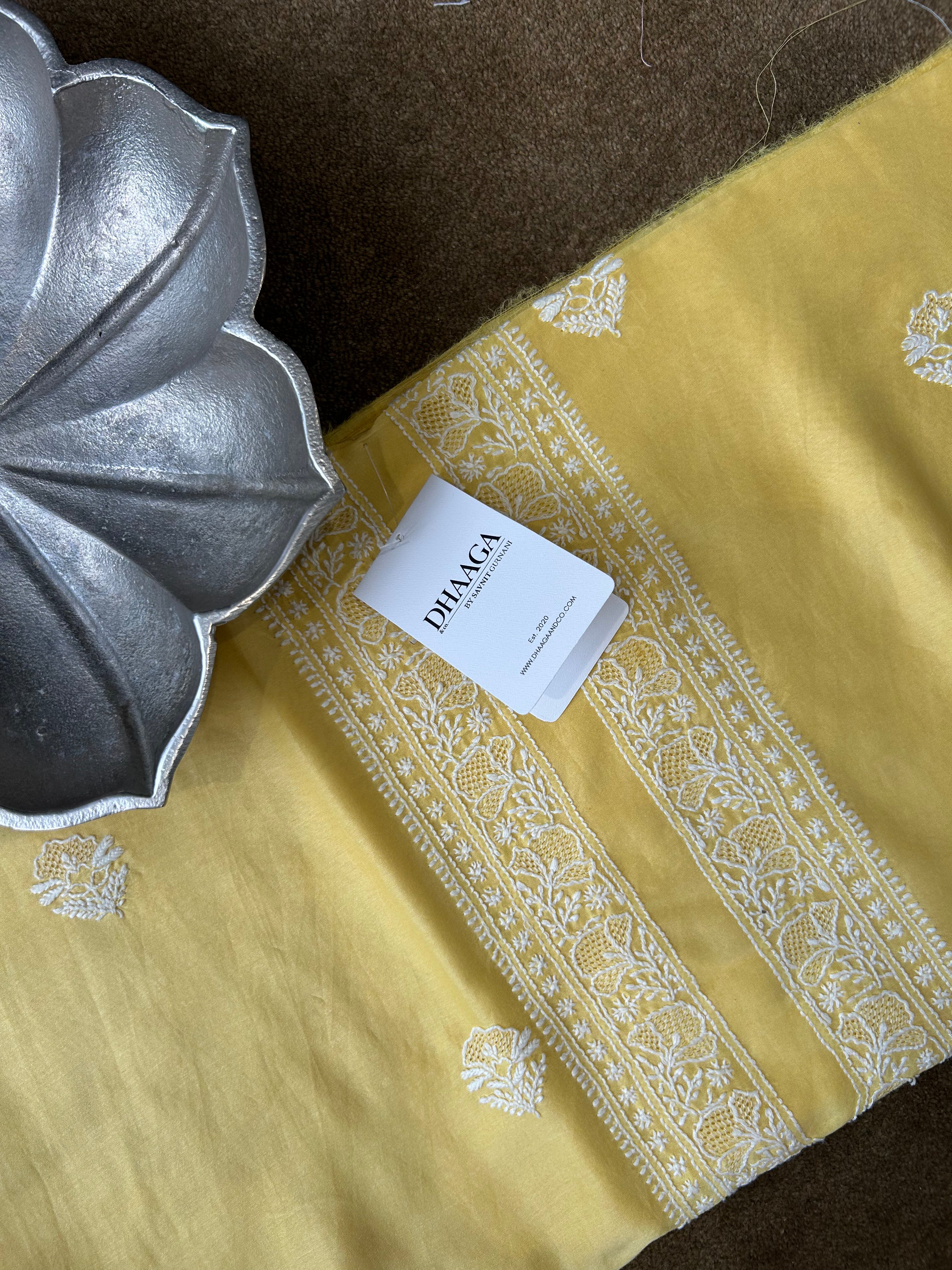 Yellow Chanderi Chikankari Mens Kurta