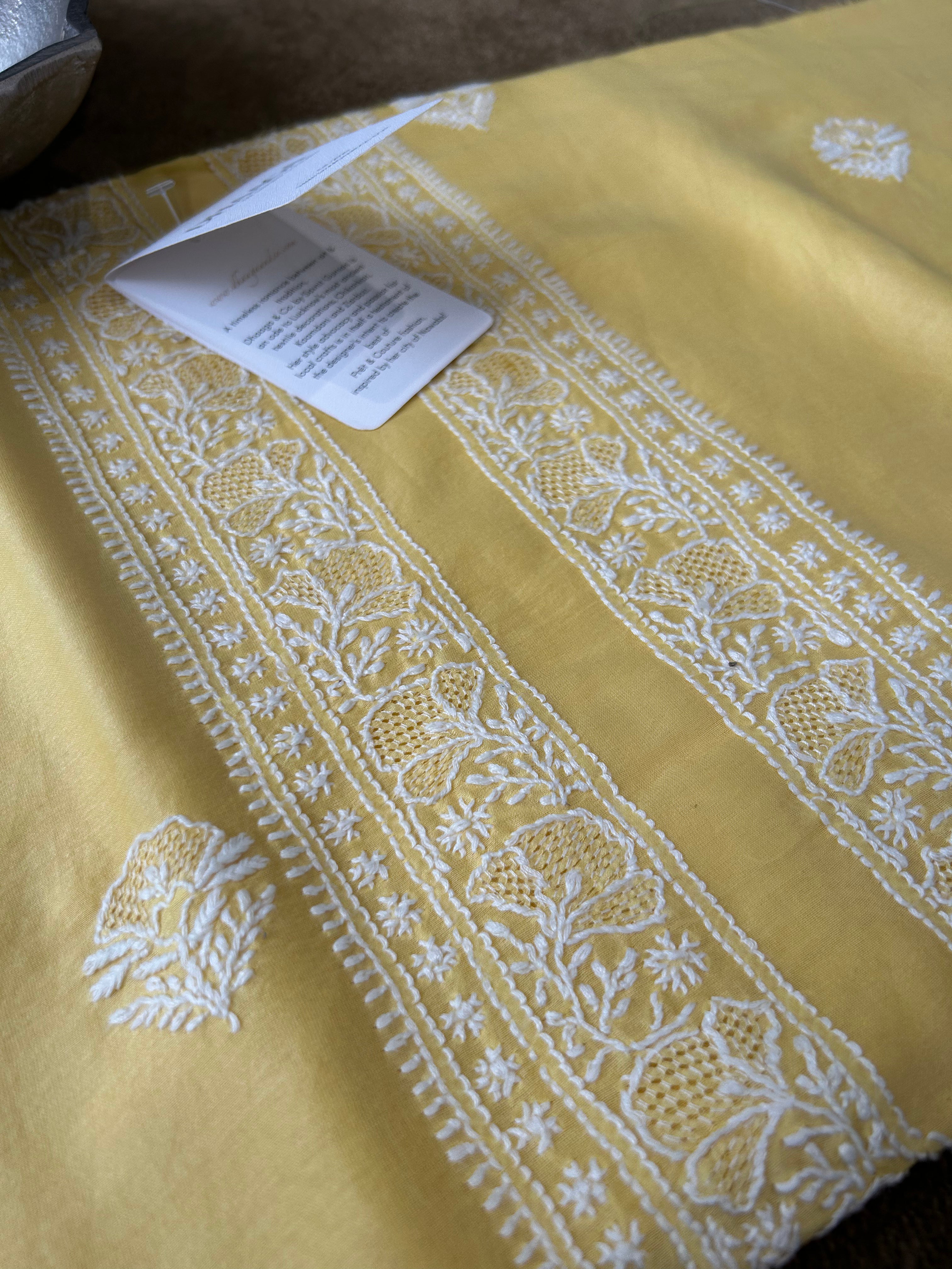 Yellow Chanderi Chikankari Mens Kurta