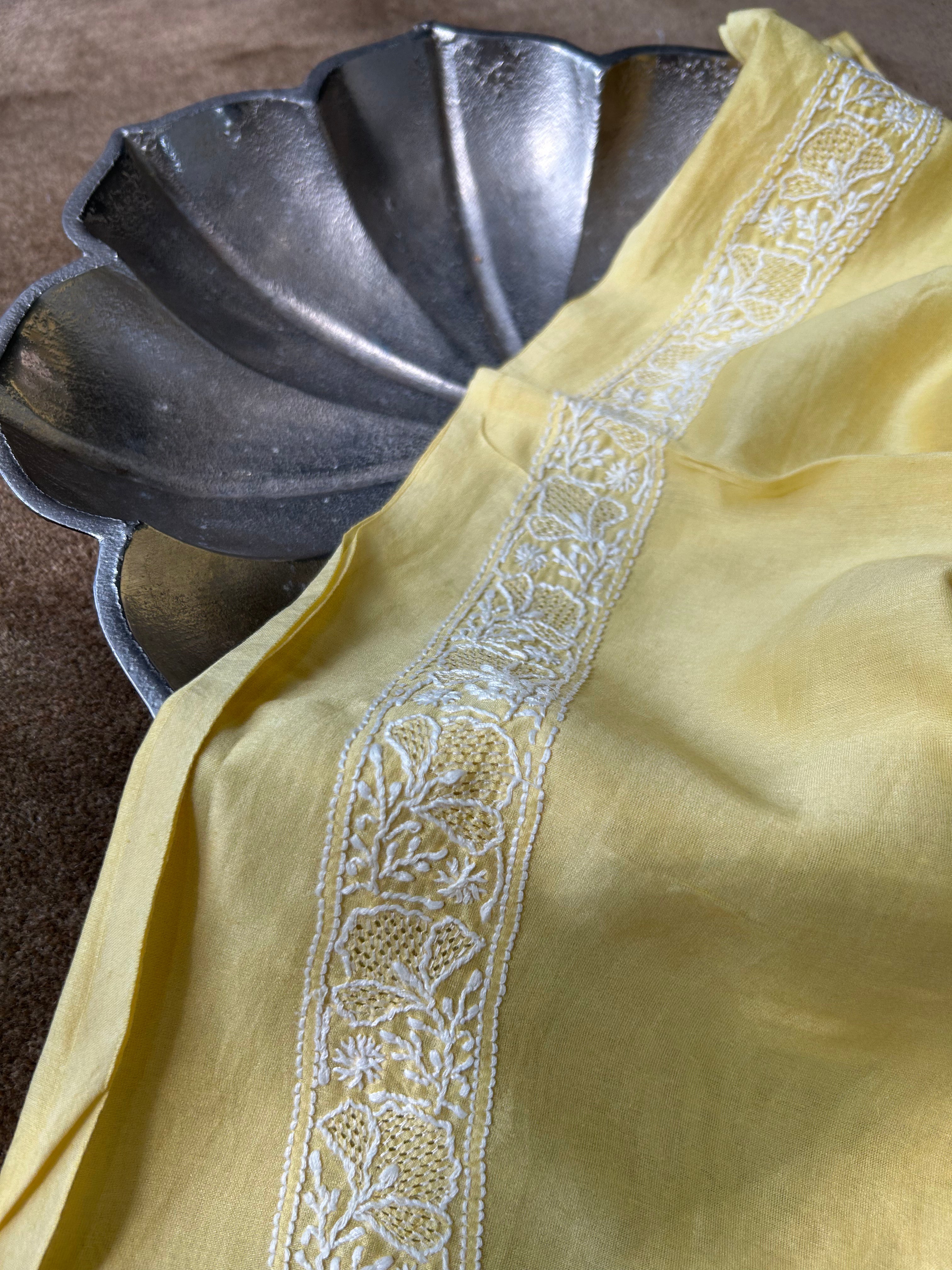 Yellow Chanderi Chikankari Mens Kurta