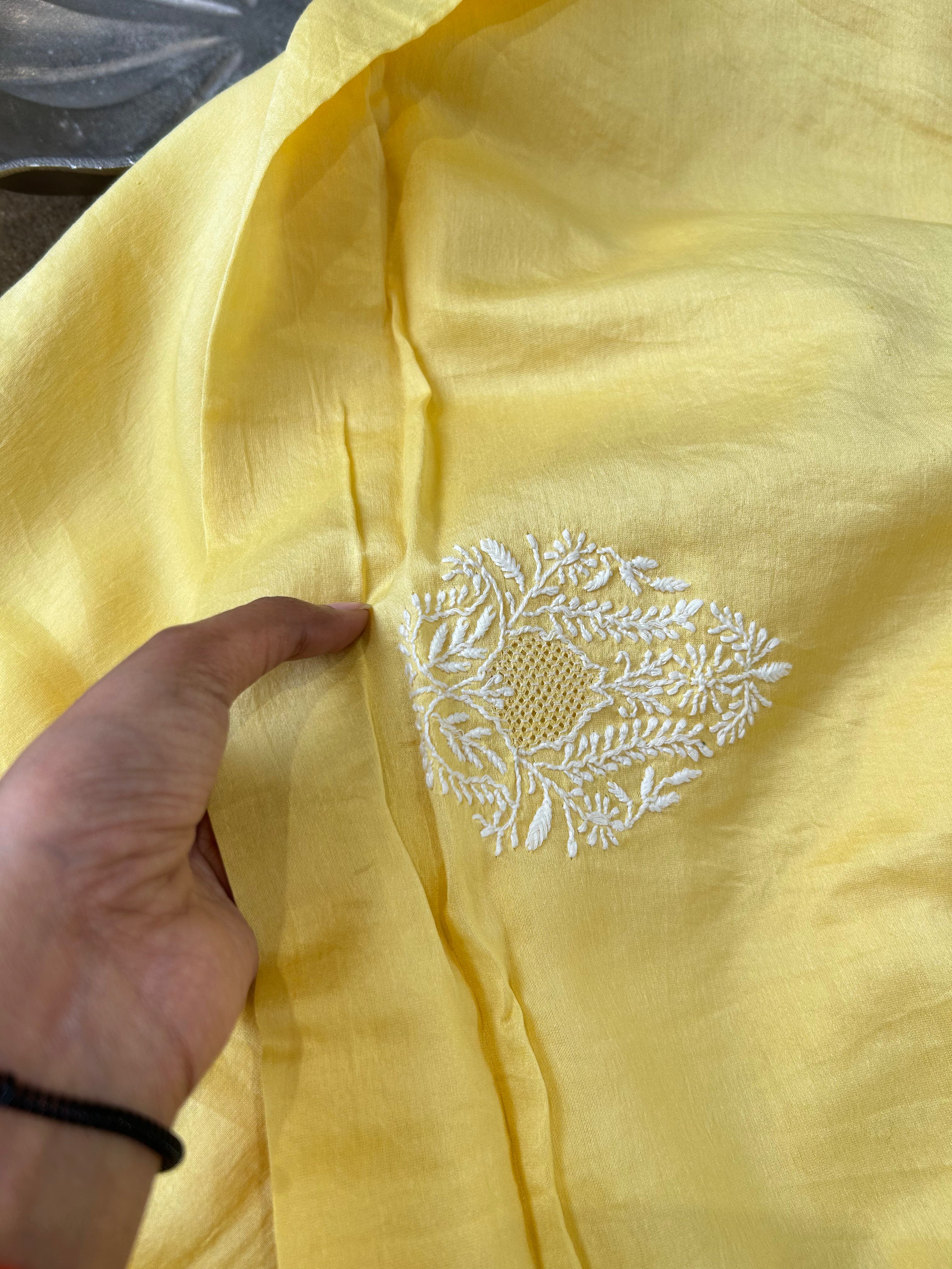 Yellow Chanderi Chikankari Mens Kurta