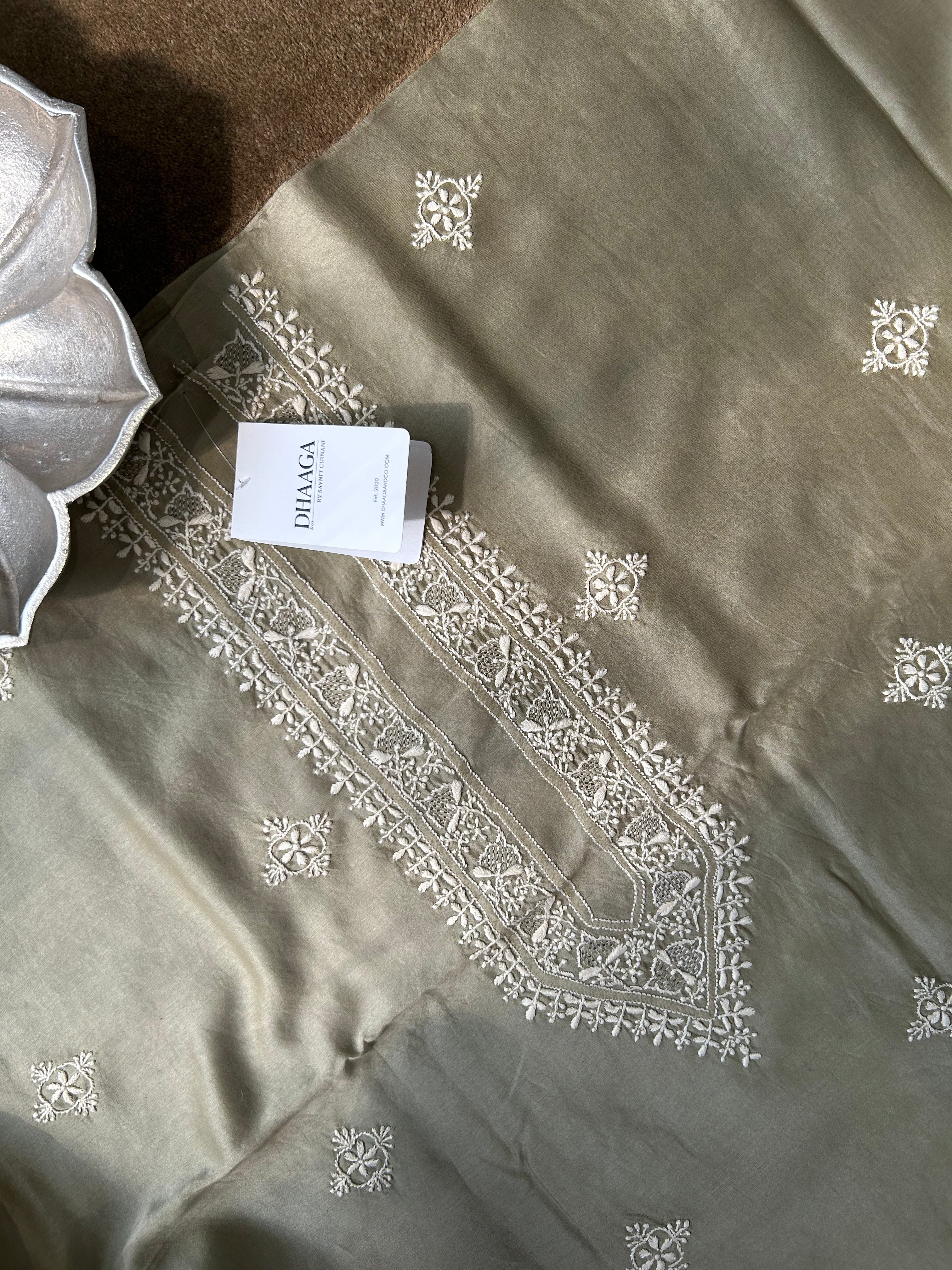 Green Chanderi Chikankari Mens Kurta