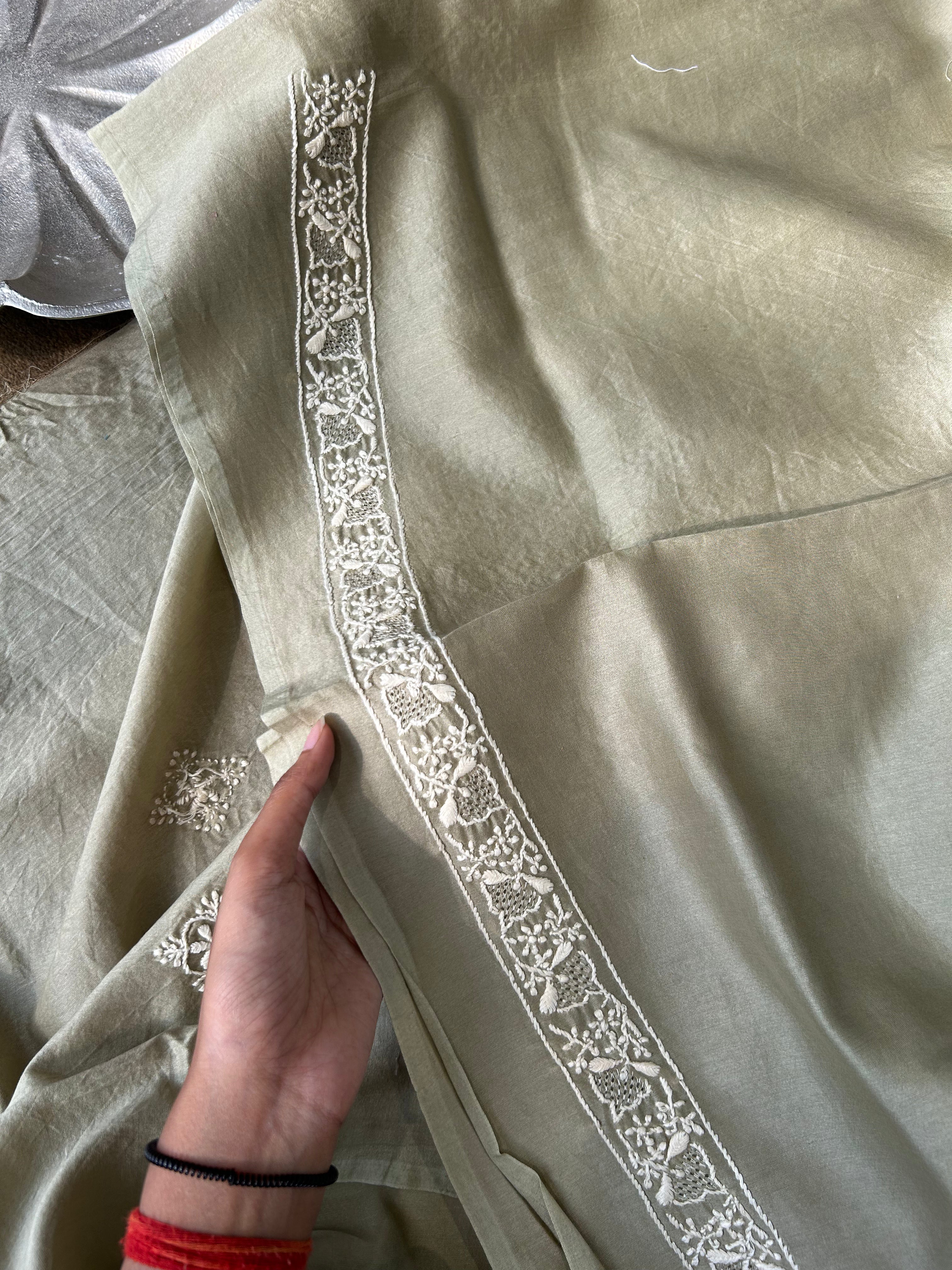 Green Chanderi Chikankari Mens Kurta