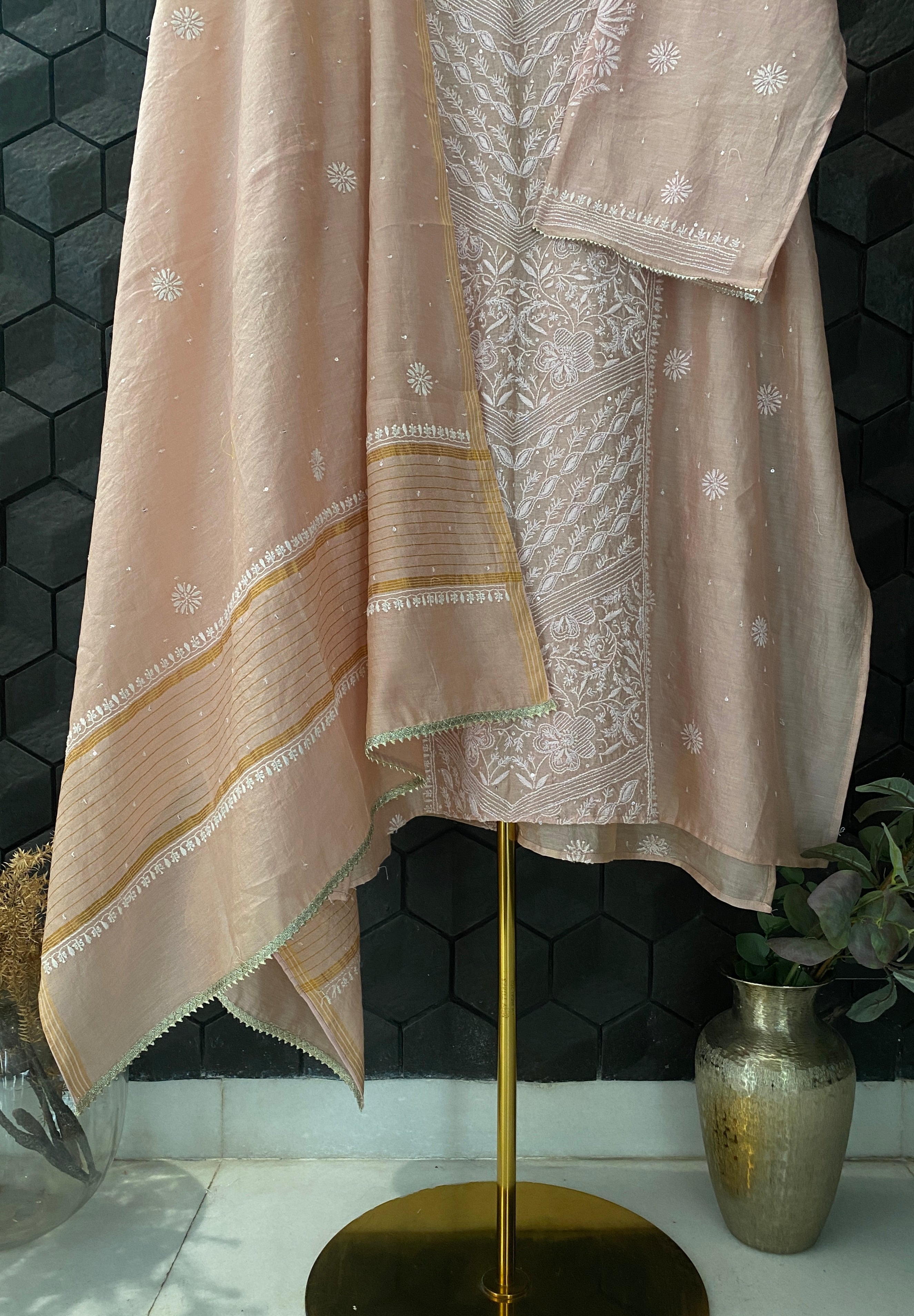 Pink Tissue Chikankari Kurta Set