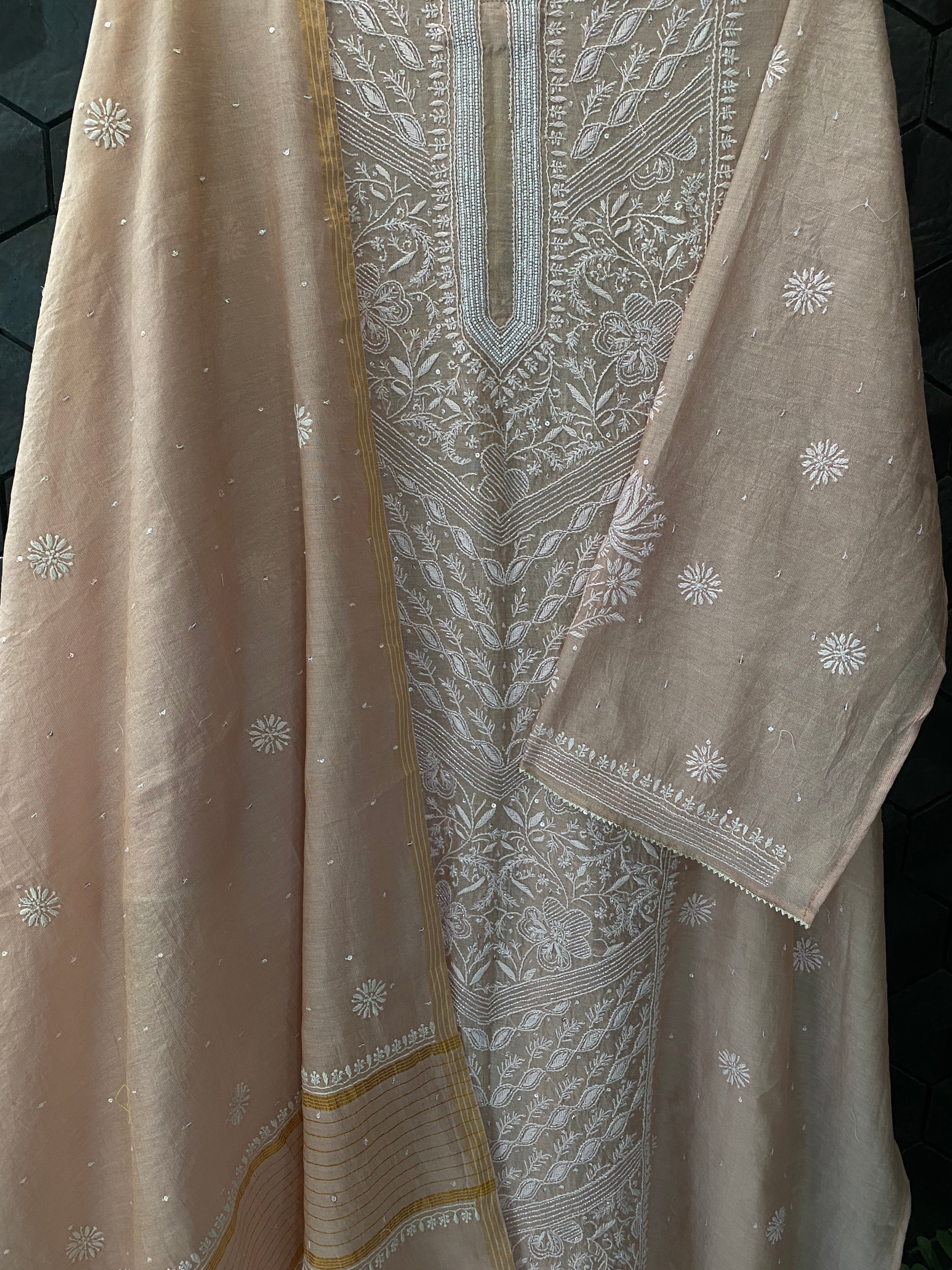 Pink Tissue Chikankari Kurta Set