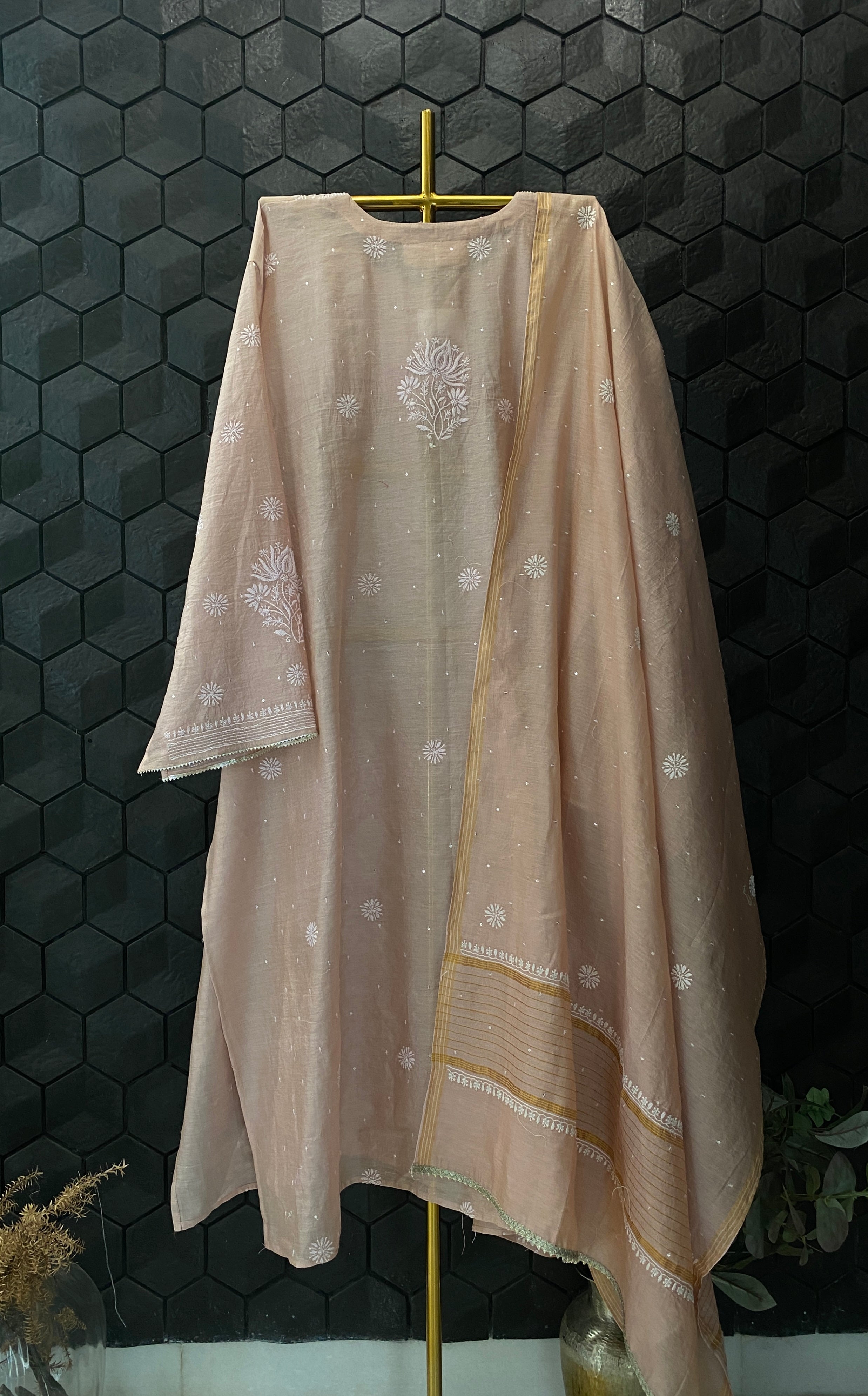 Pink Tissue Chikankari Kurta Set