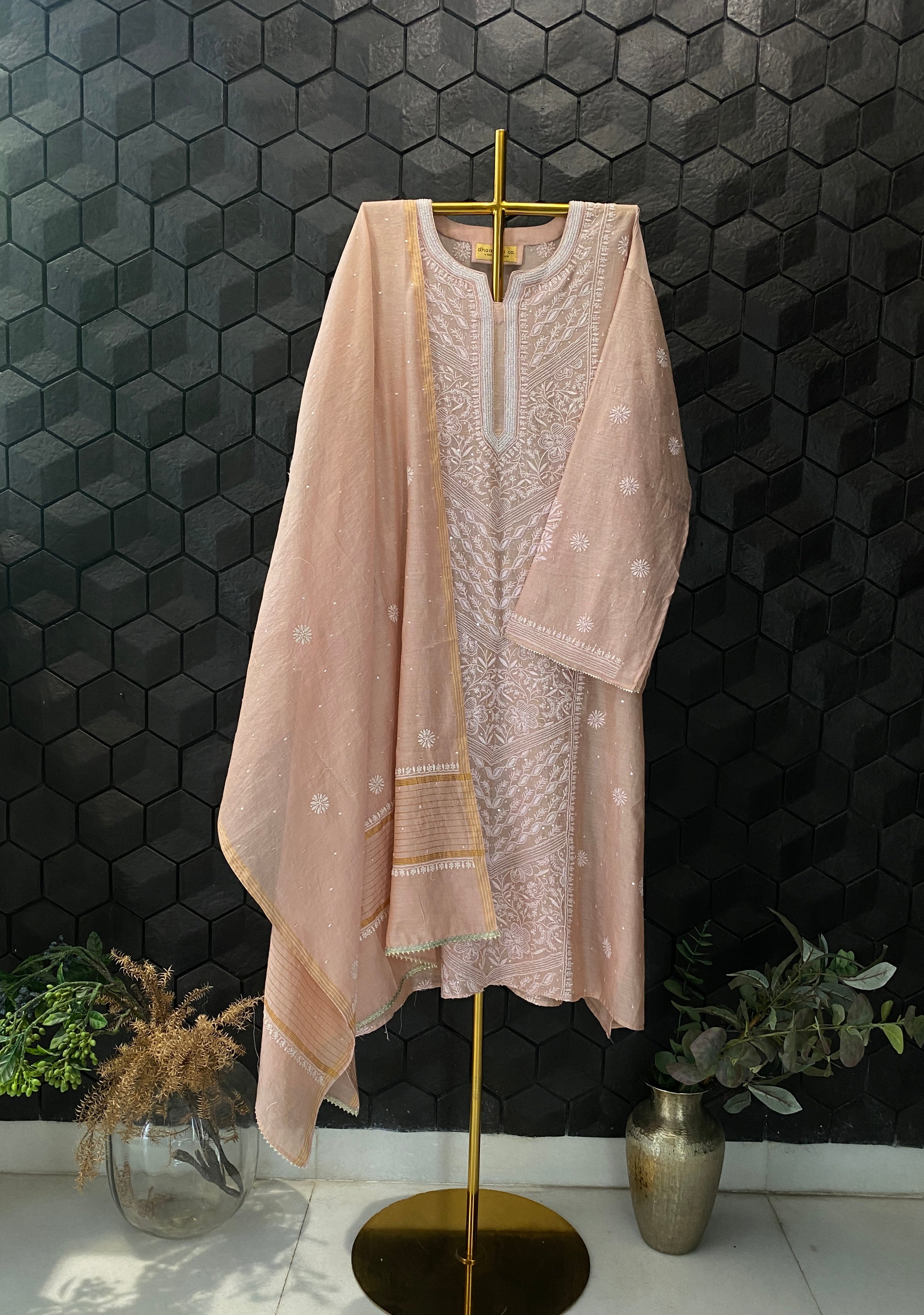 Pink Tissue Chikankari Kurta Set