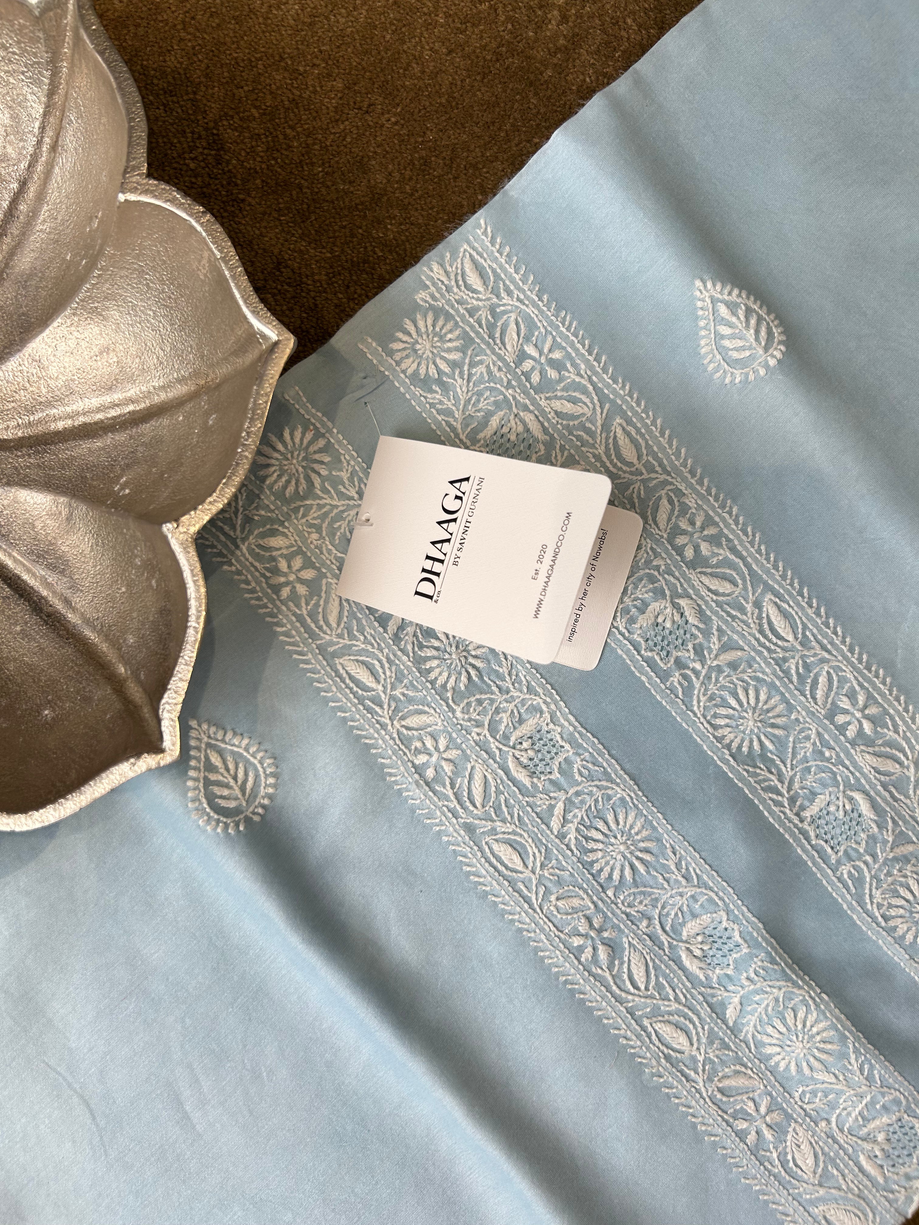 Sky Blue Chanderi Chikankari  Mens kurta