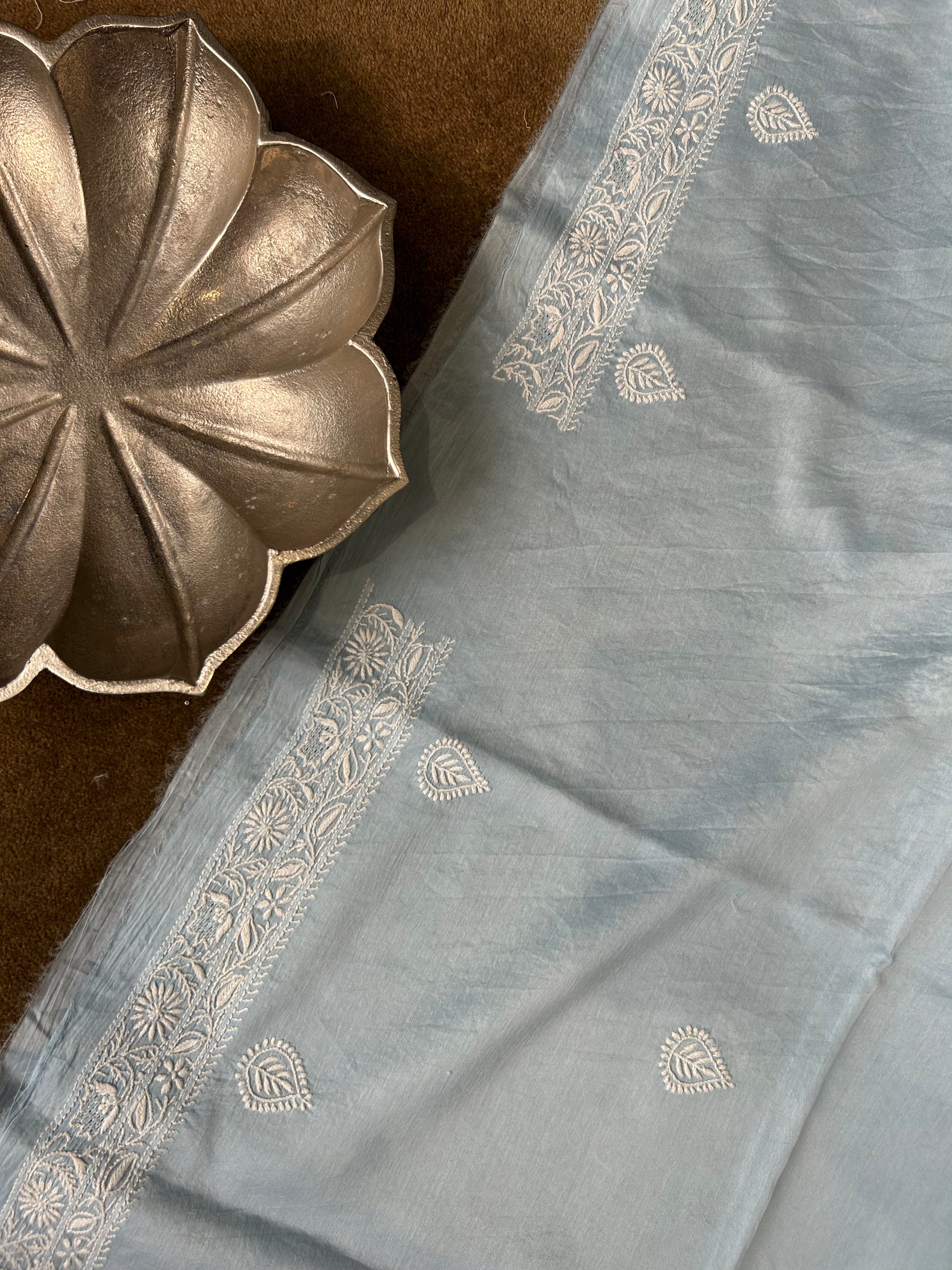Sky Blue Chanderi Chikankari  Mens kurta