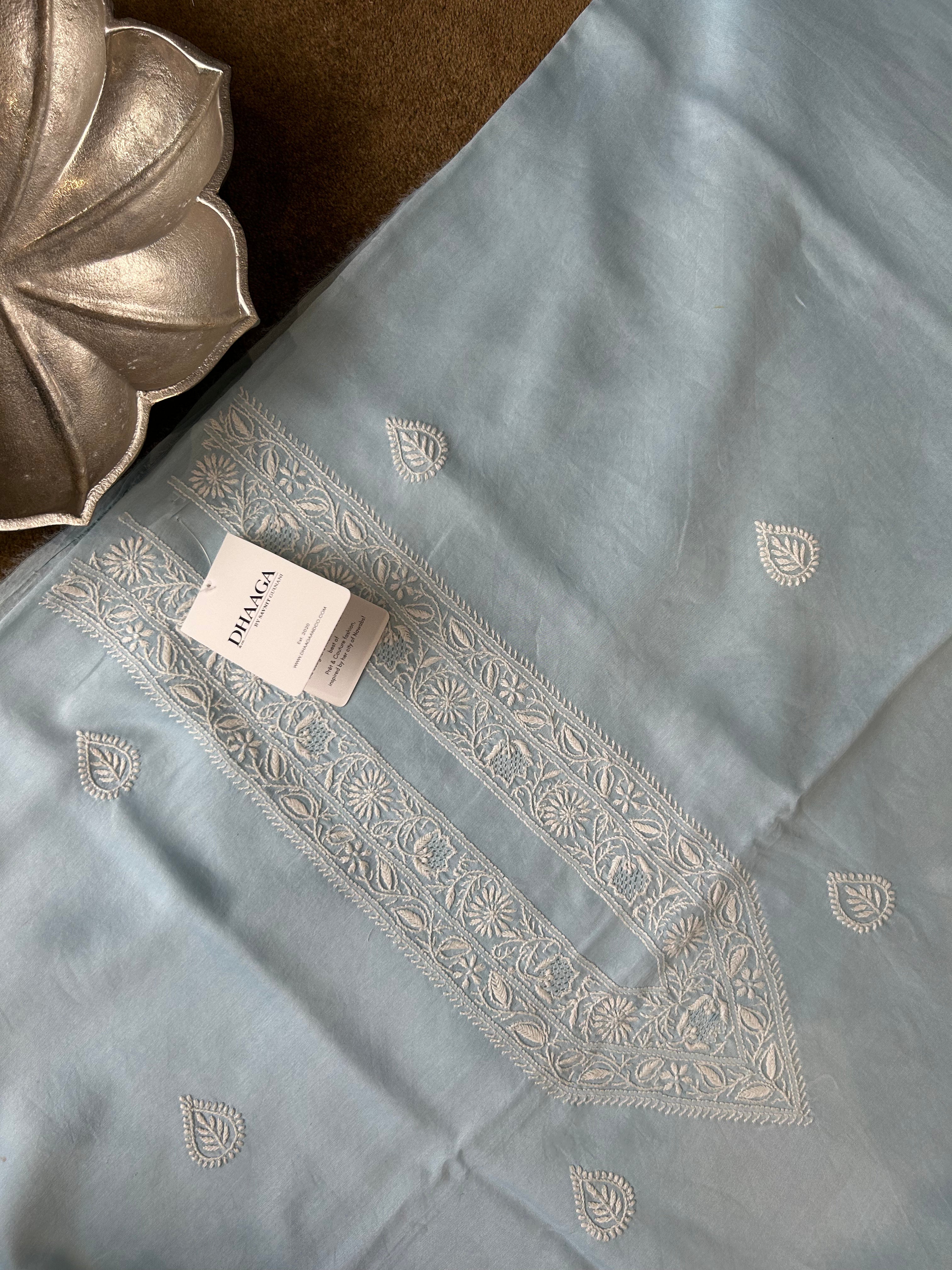 Sky Blue Chanderi Chikankari  Mens kurta