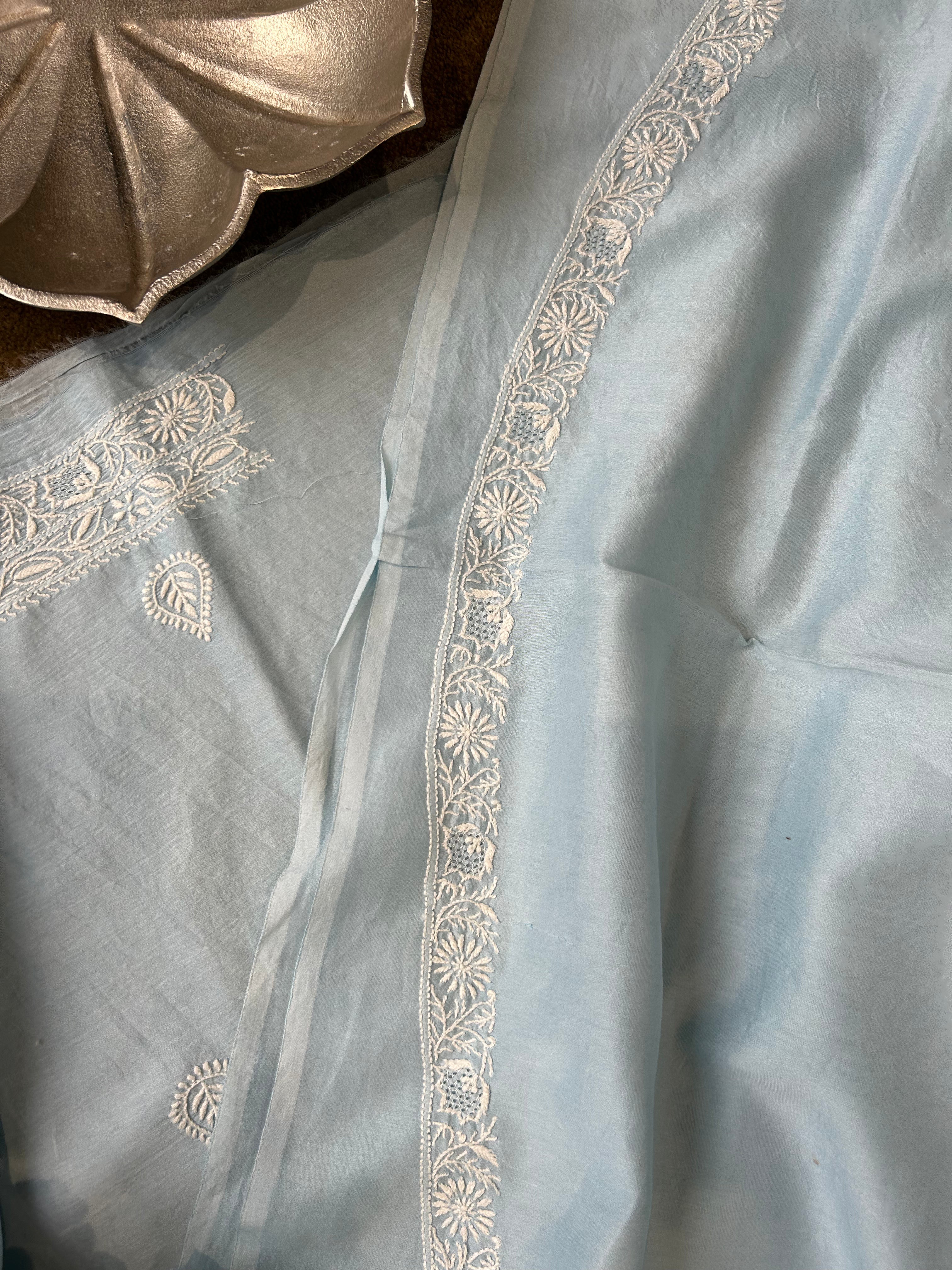 Sky Blue Chanderi Chikankari  Mens kurta