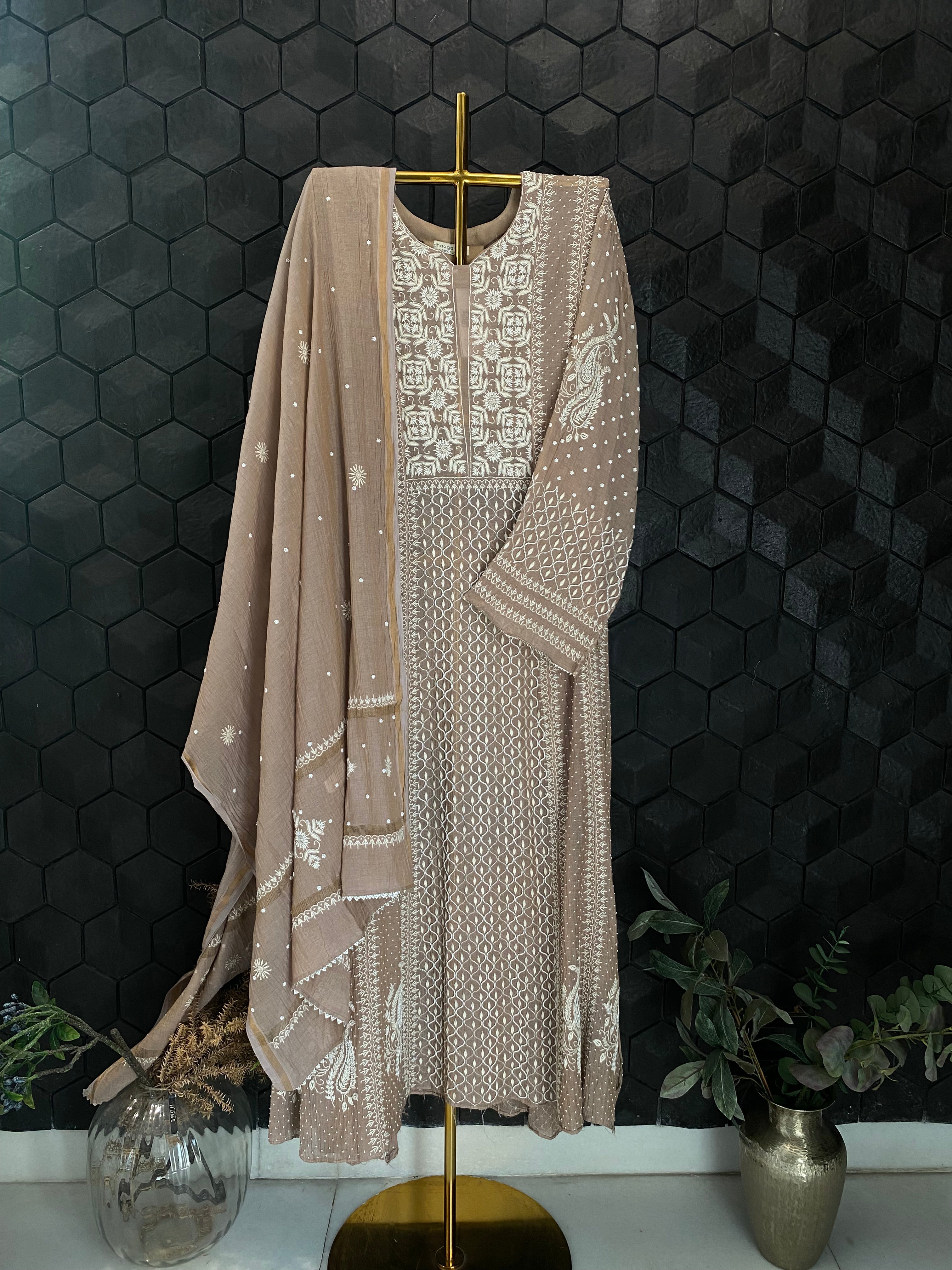 Brown Tissue Chikankari Anarkali Set