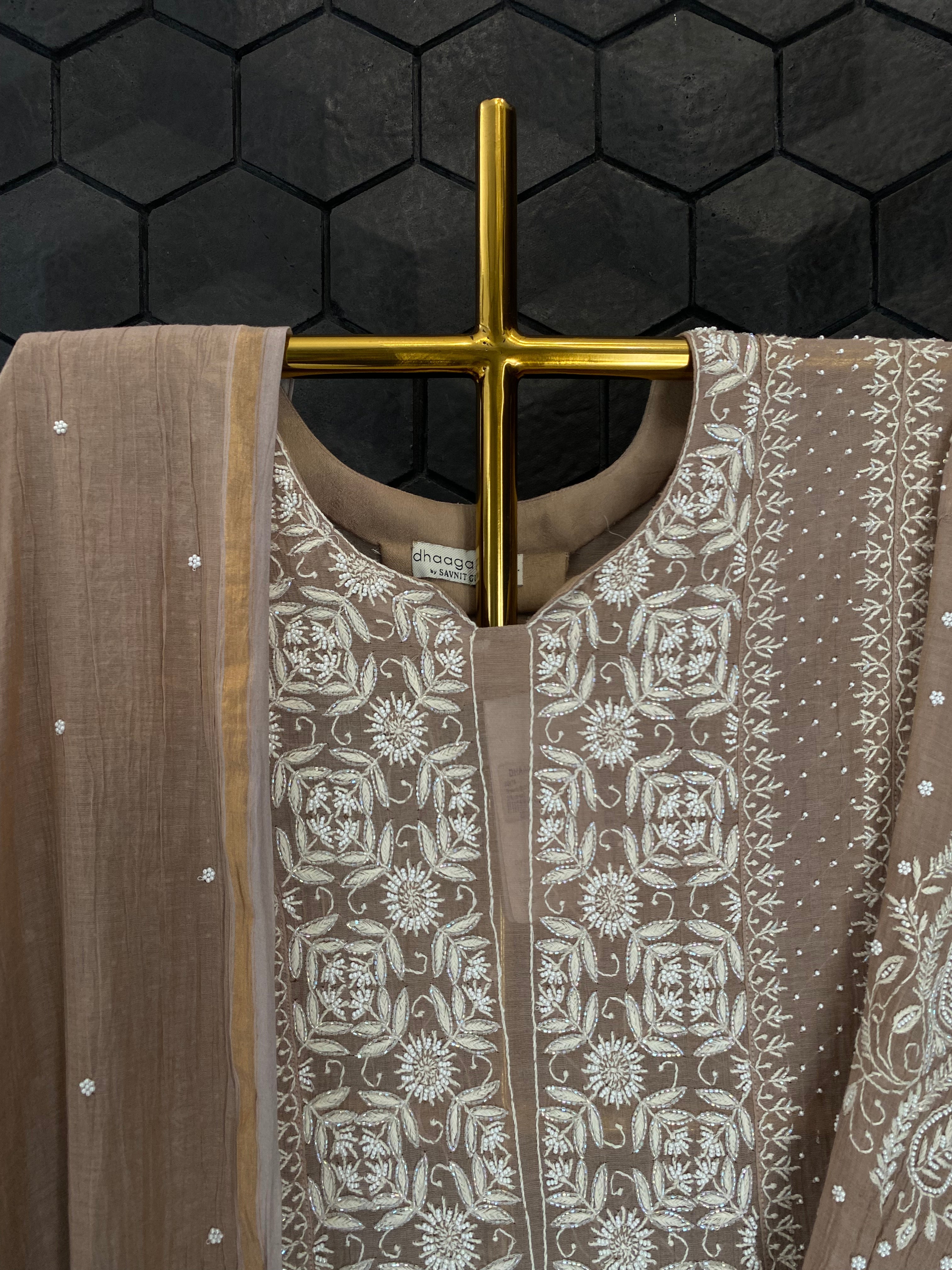 Brown Tissue Chikankari Anarkali Set