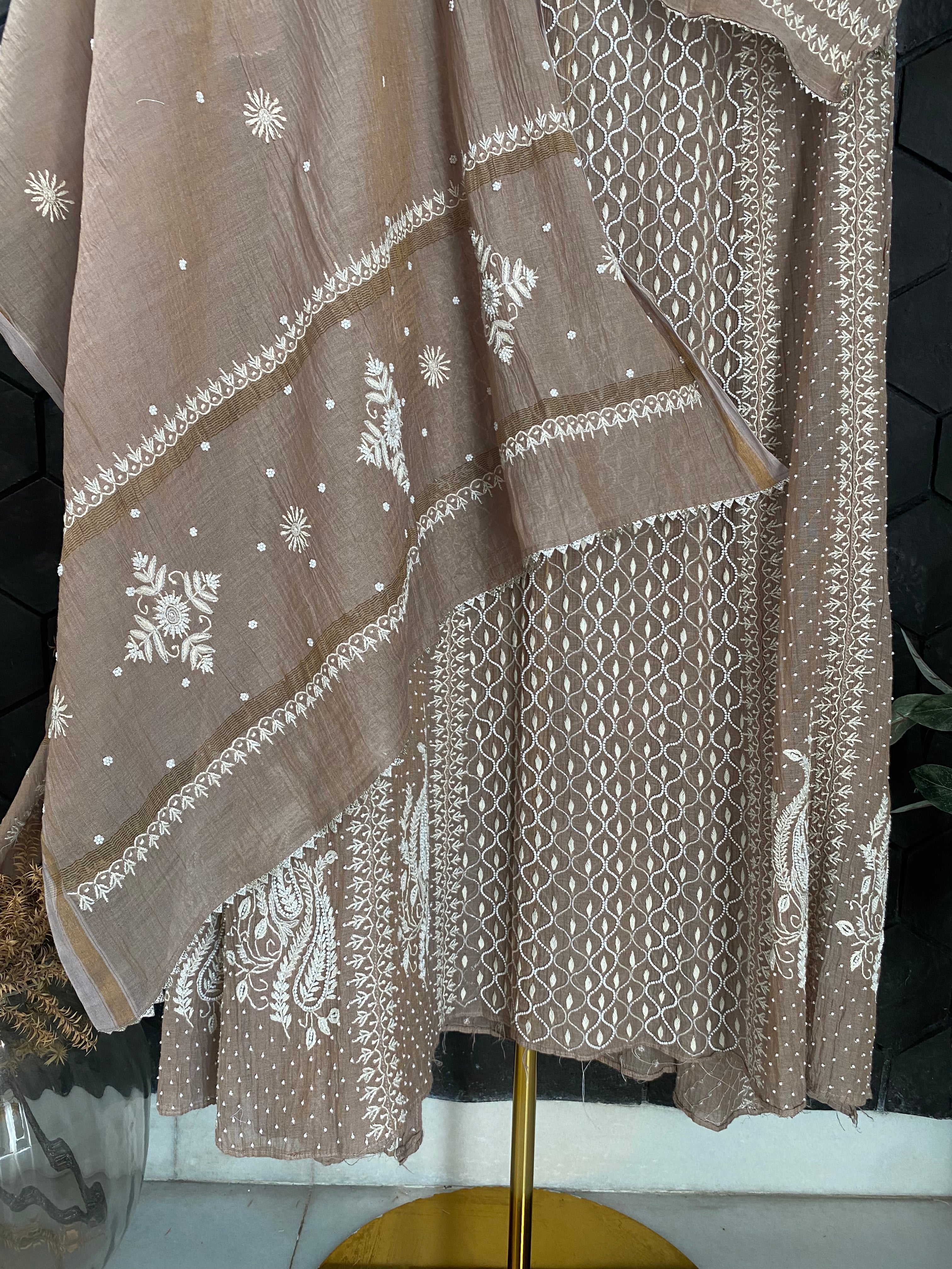 Brown Tissue Chikankari Anarkali Set