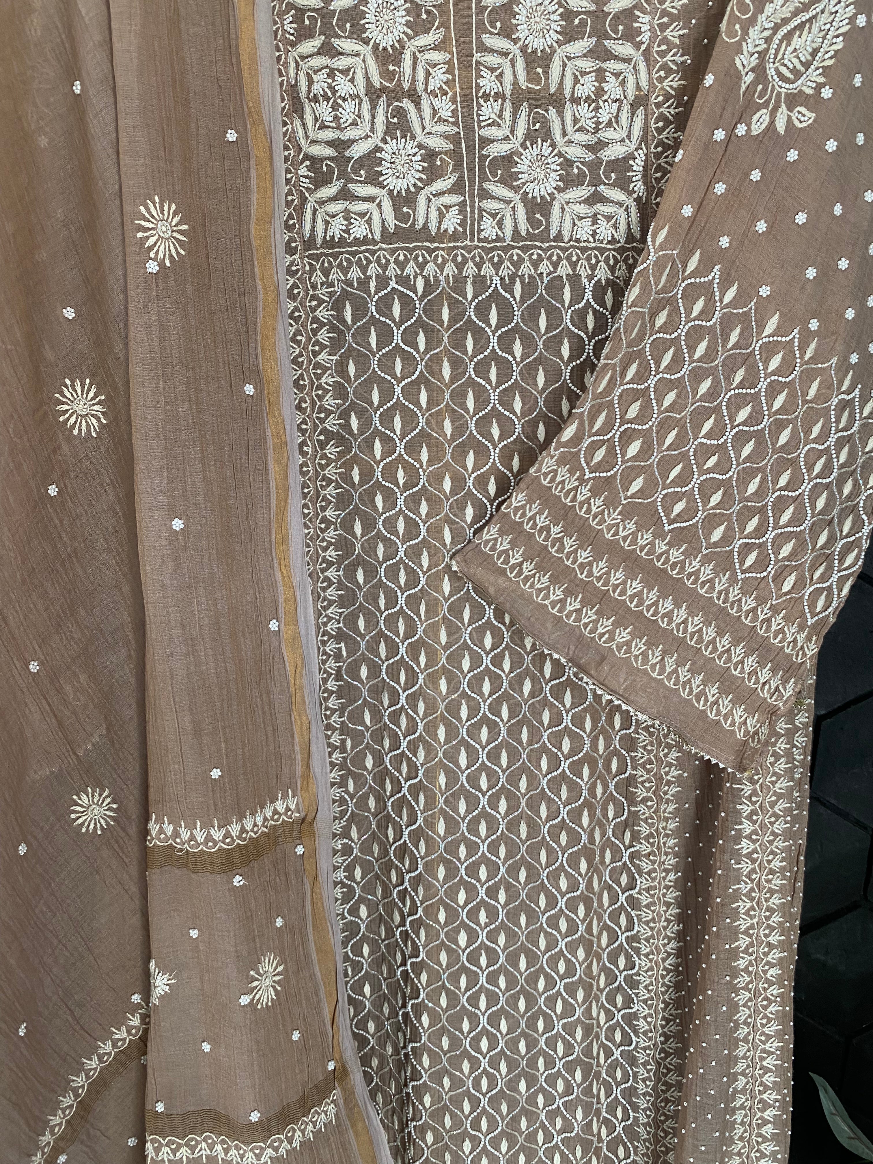 Brown Tissue Chikankari Anarkali Set