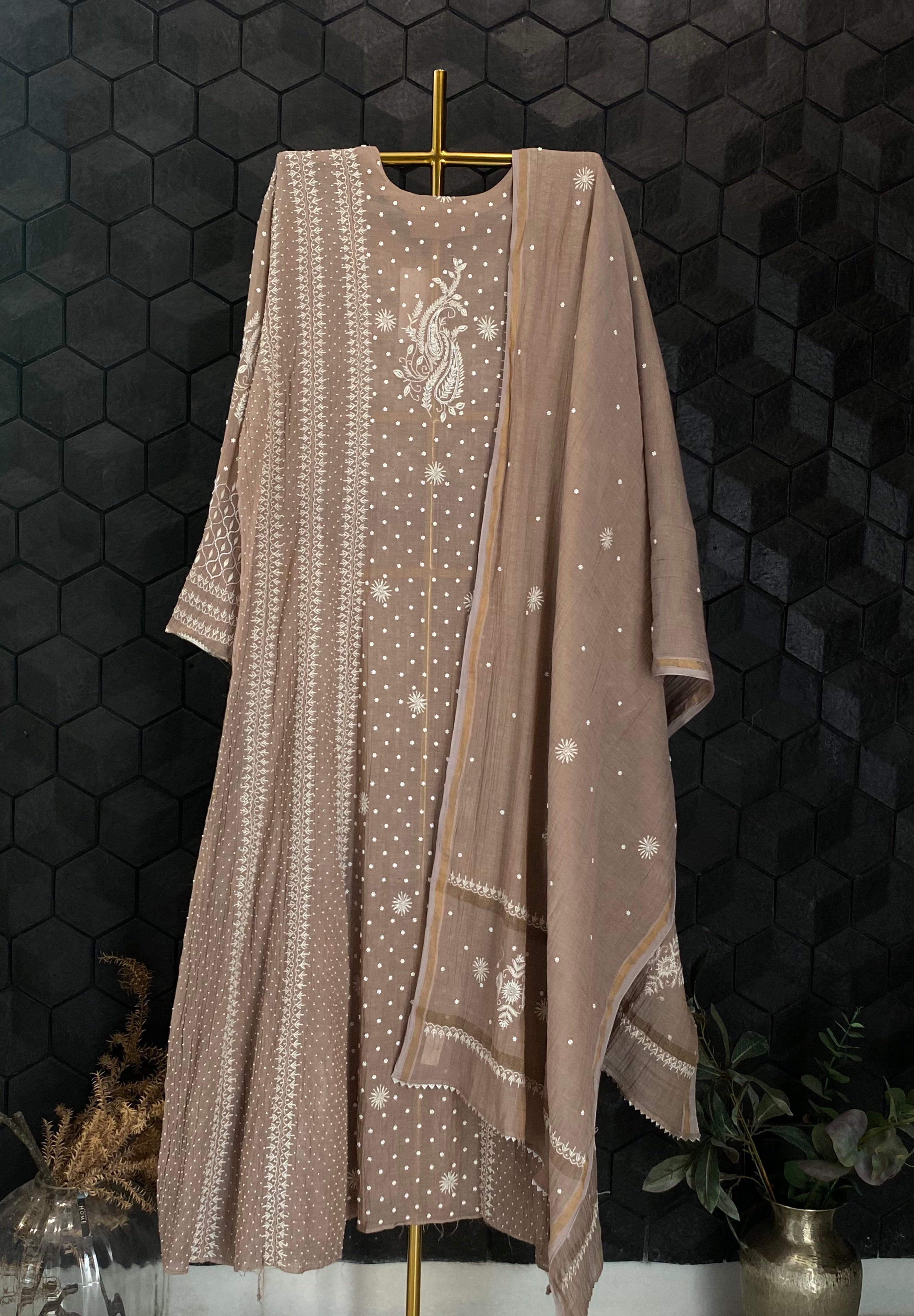 Brown Tissue Chikankari Anarkali Set