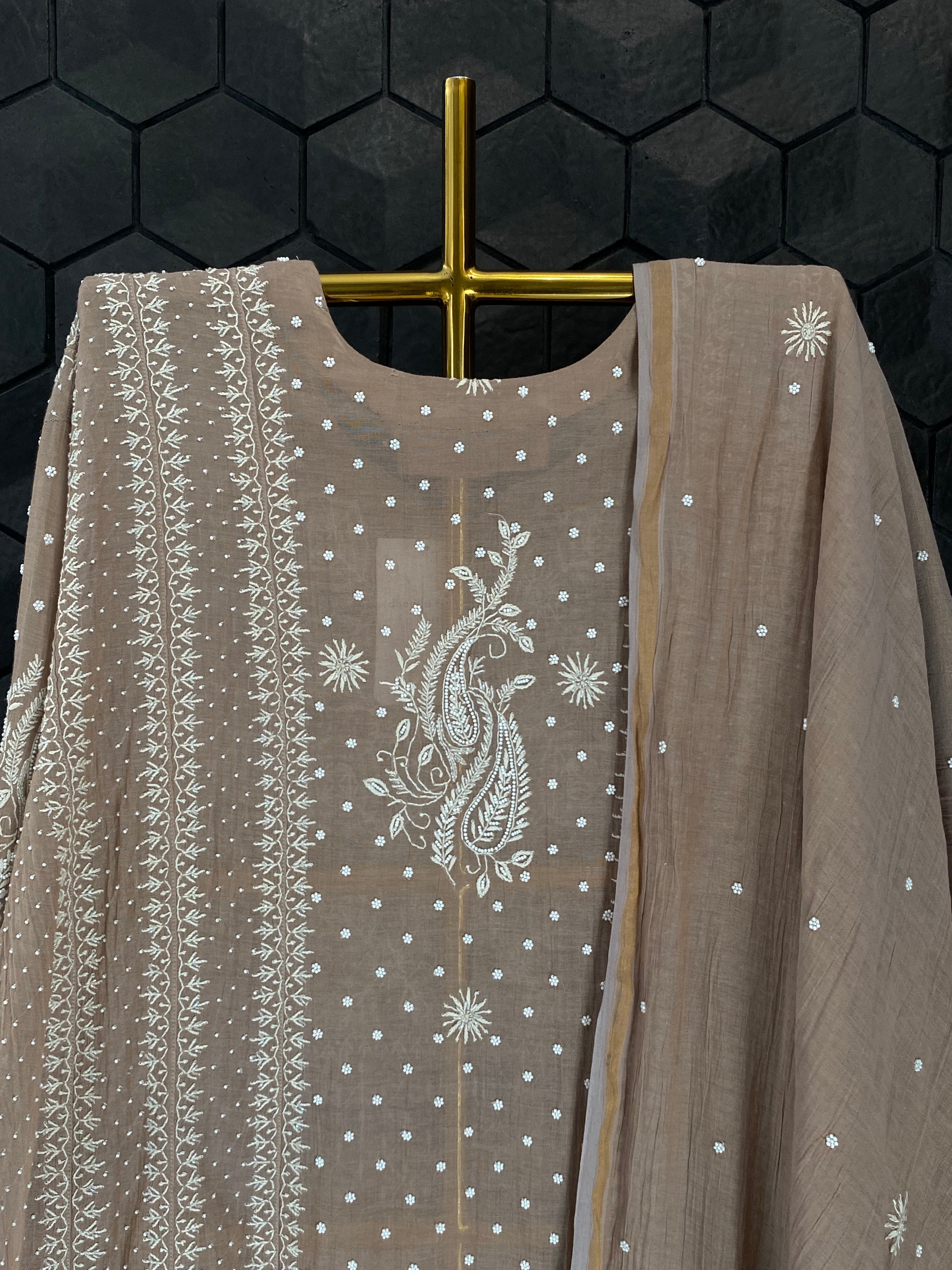 Brown Tissue Chikankari Anarkali Set