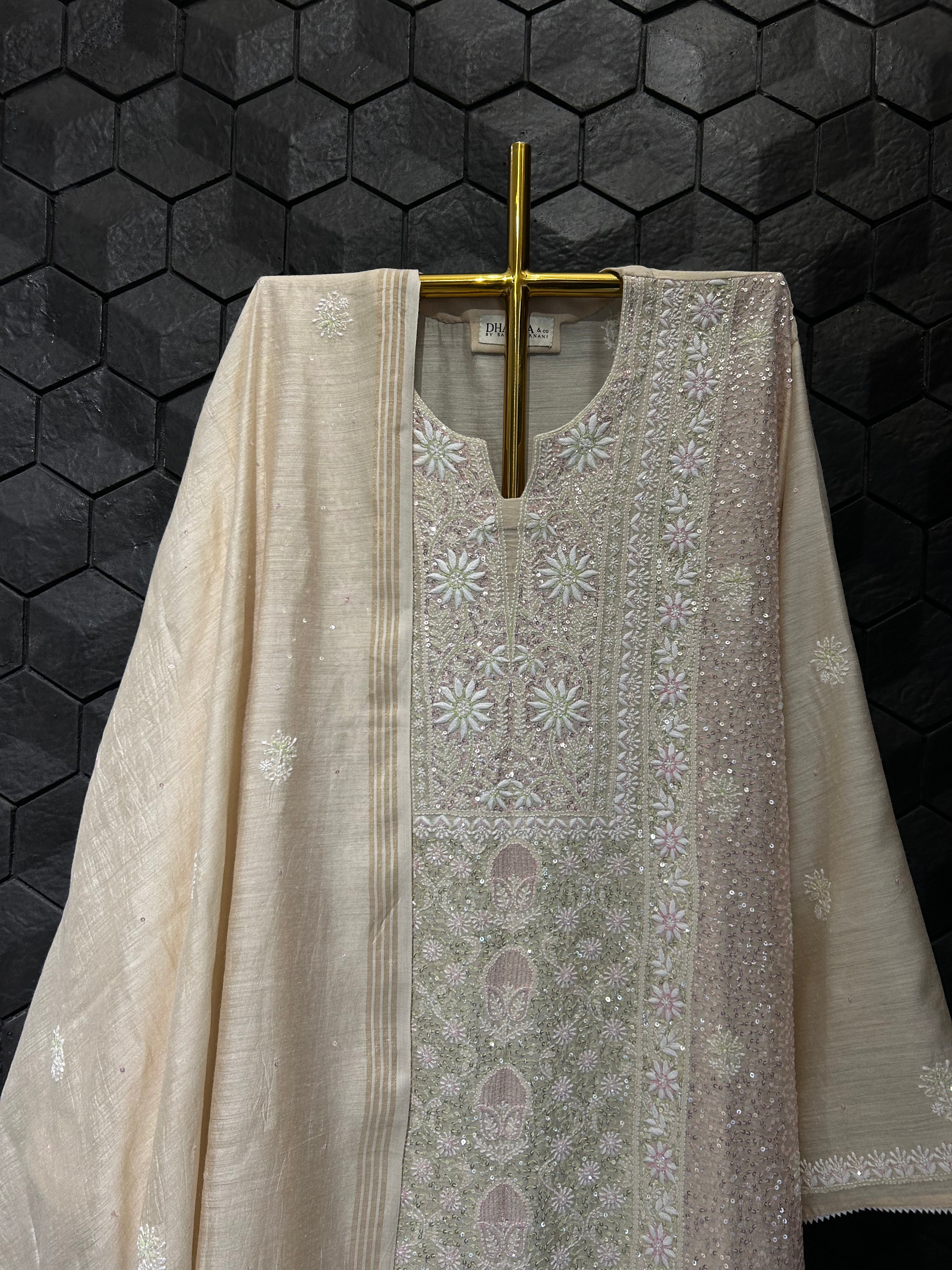 Beige Munga Silk Chikankari Kurta Set