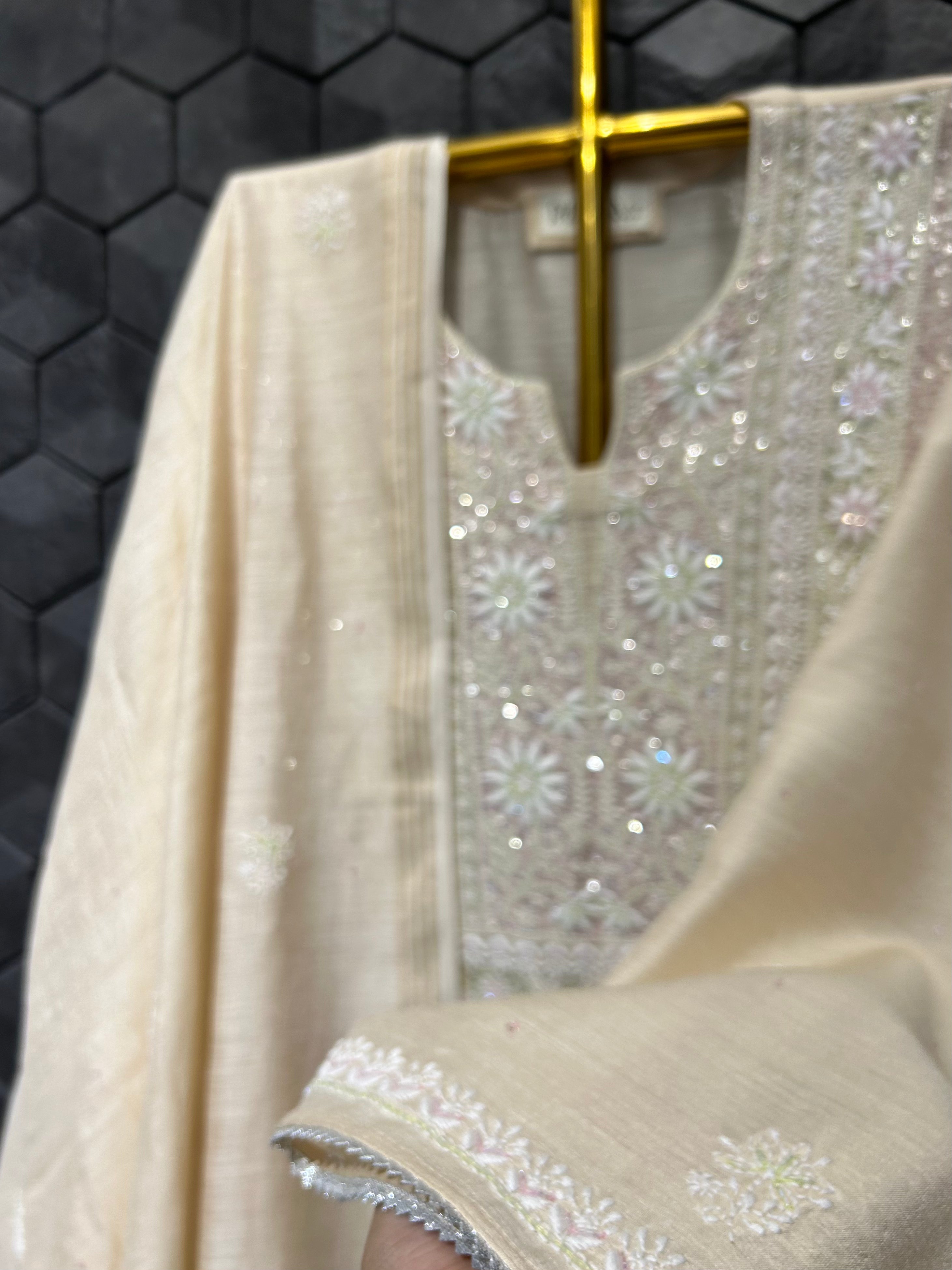 Beige Munga Silk Chikankari Kurta Set