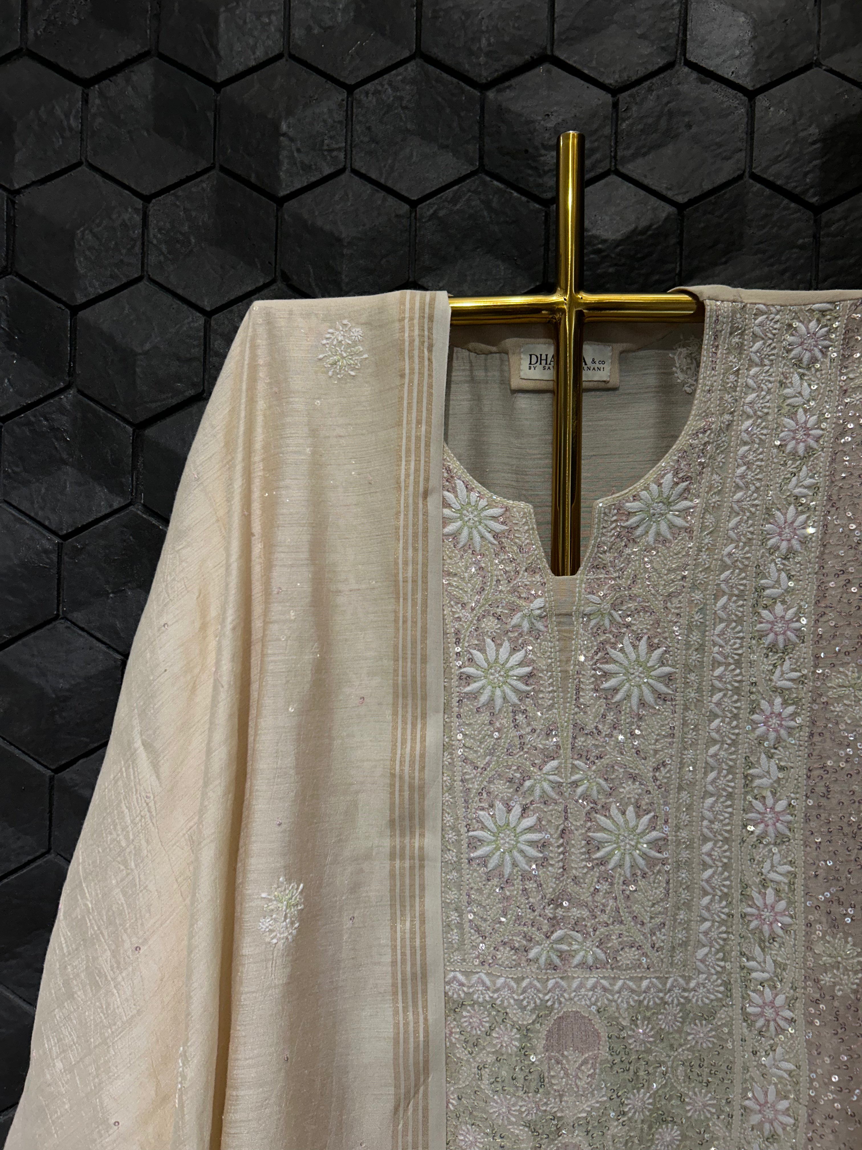 Beige Munga Silk Chikankari Kurta Set