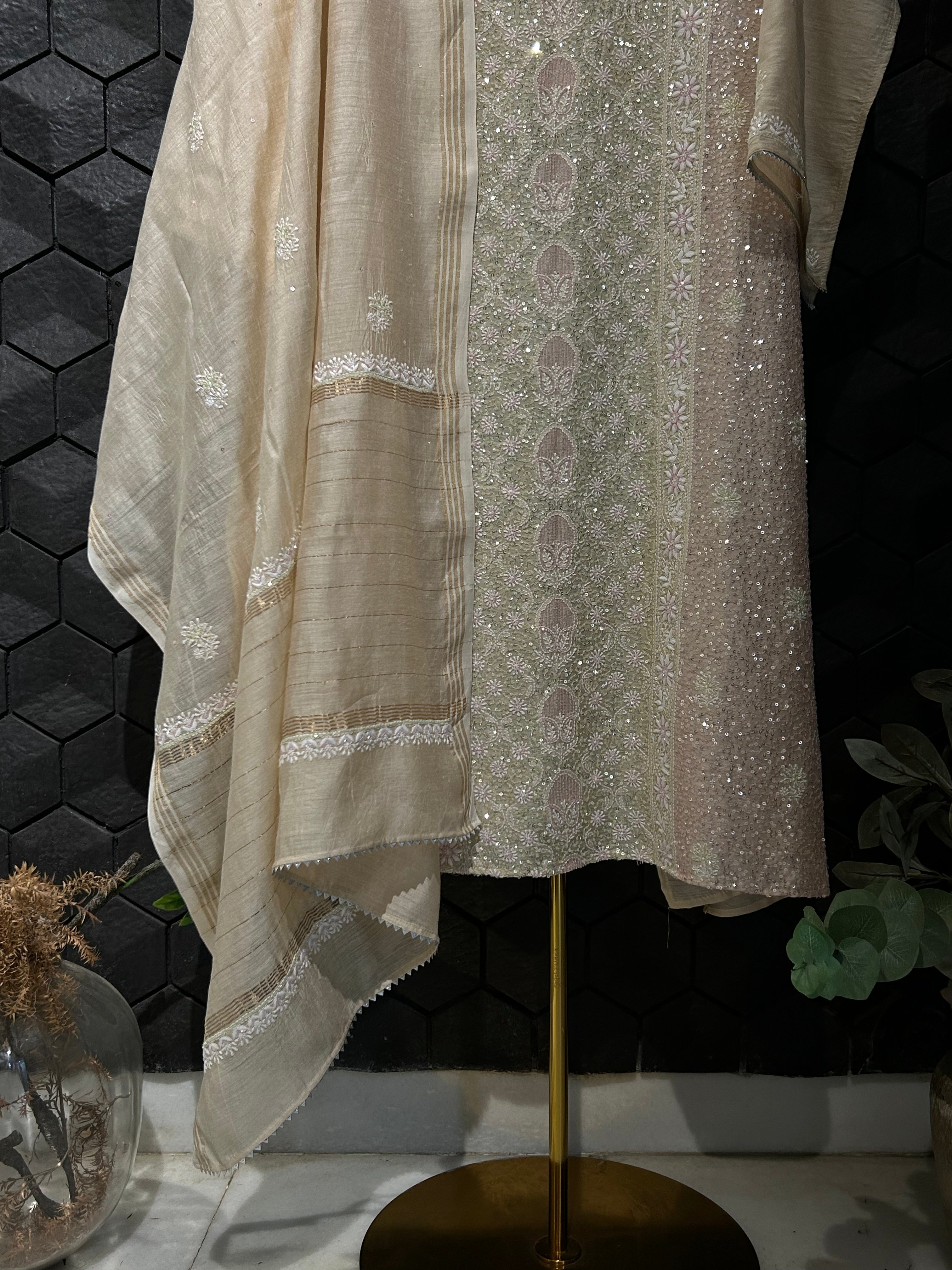 Beige Munga Silk Chikankari Kurta Set