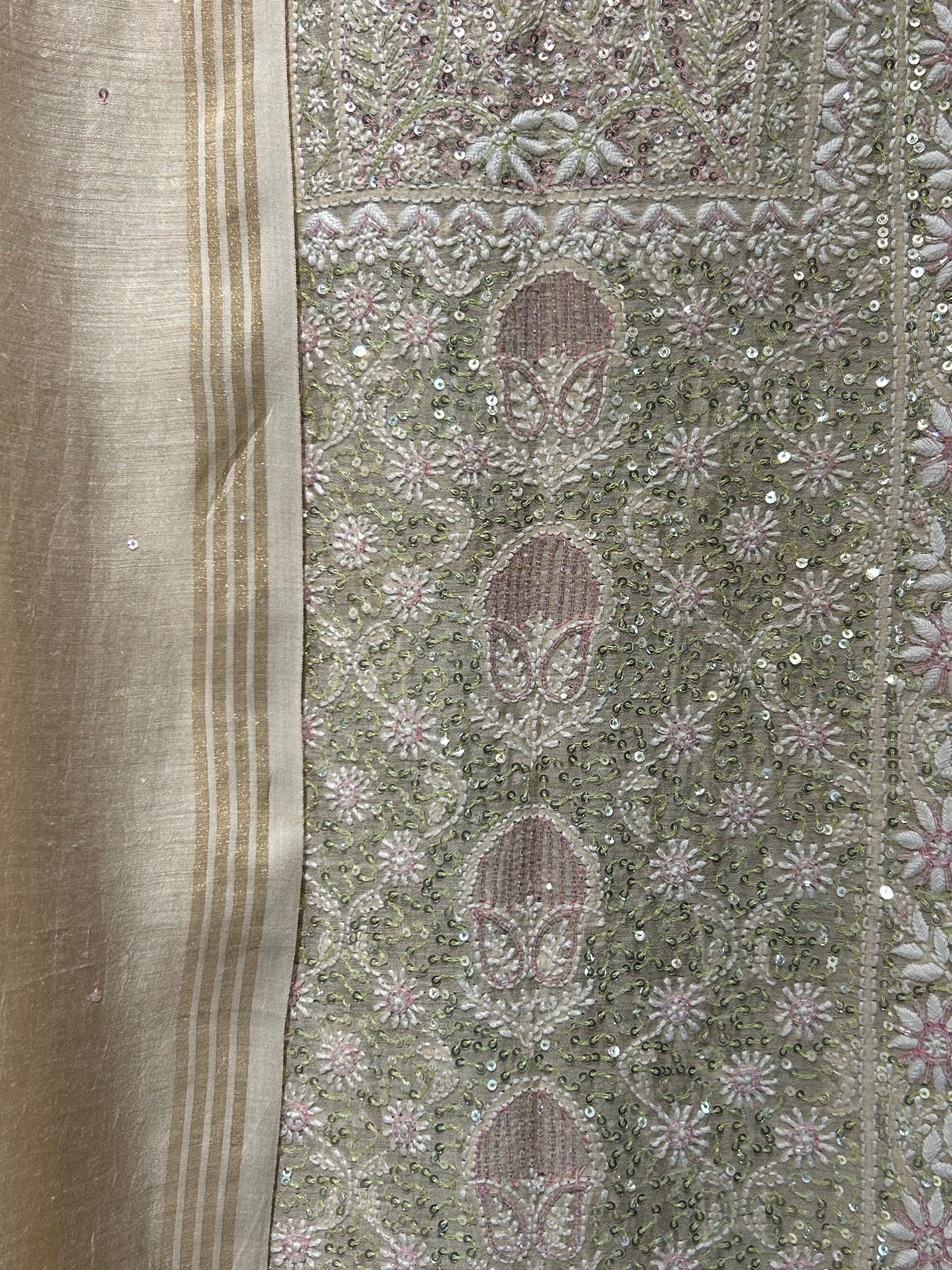 Beige Munga Silk Chikankari Kurta Set