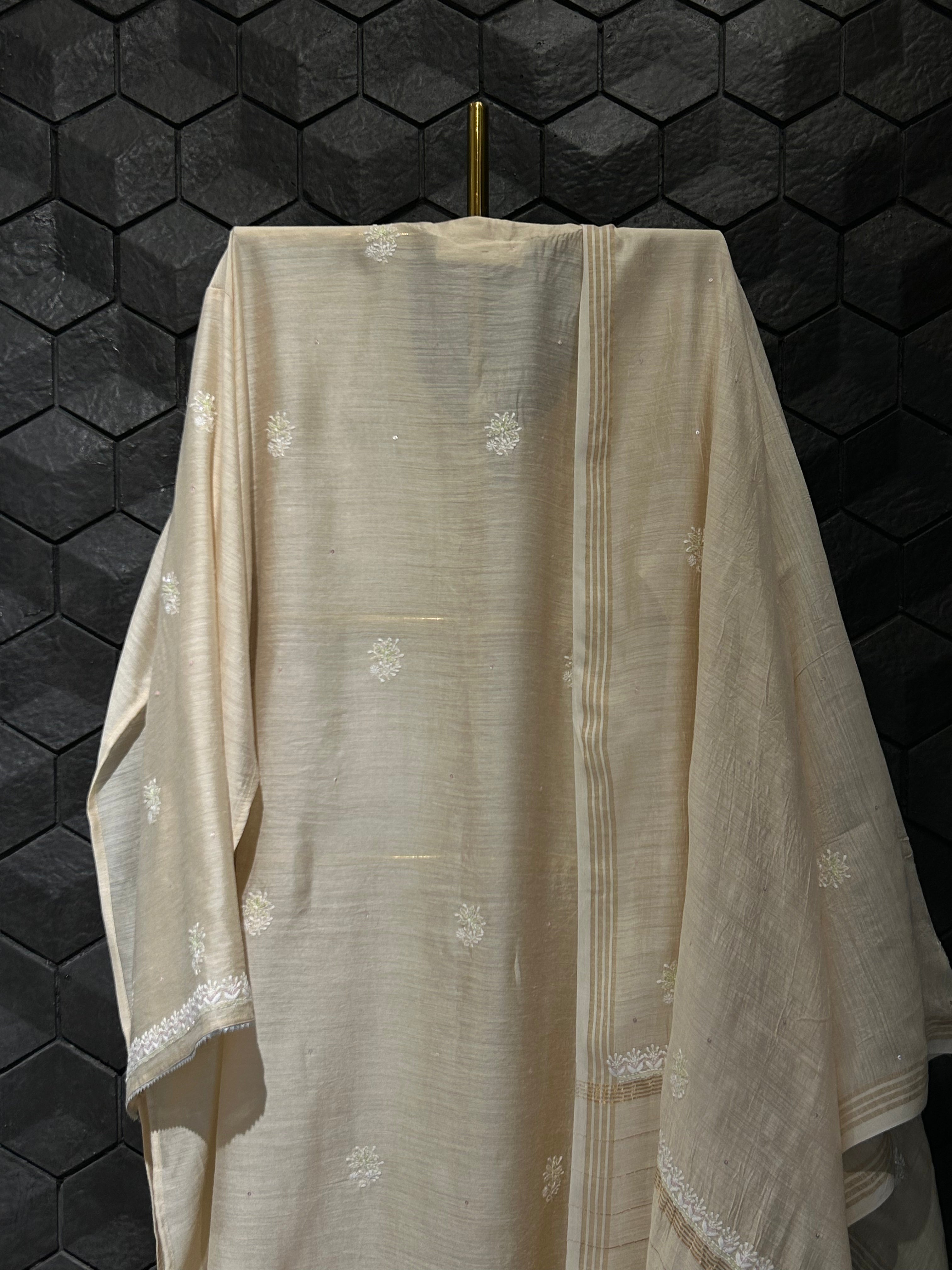 Beige Munga Silk Chikankari Kurta Set