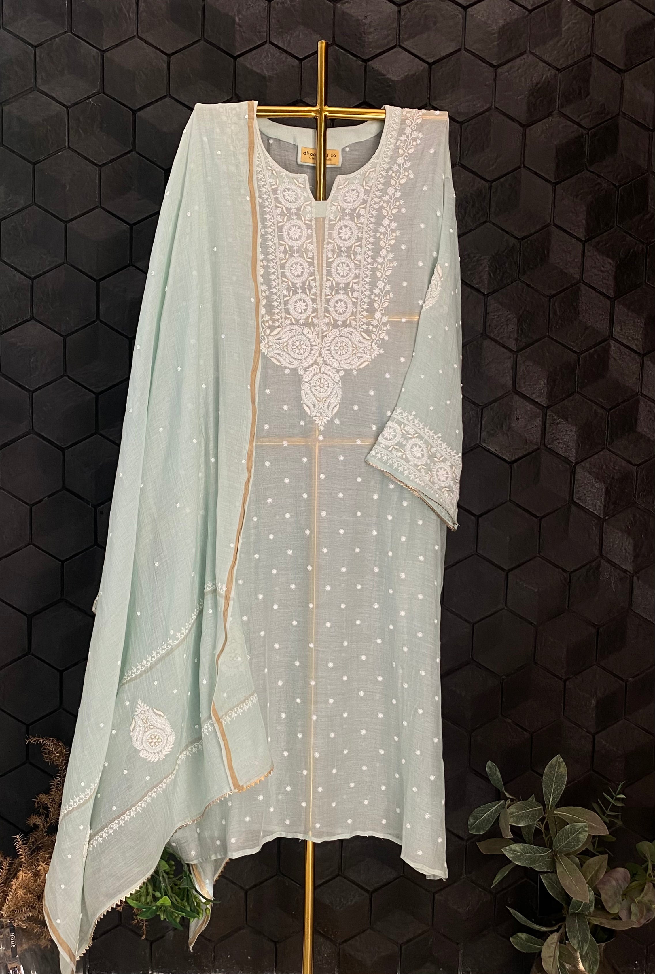 Sea Green Mul Chanderi Chikankari Kurta Set