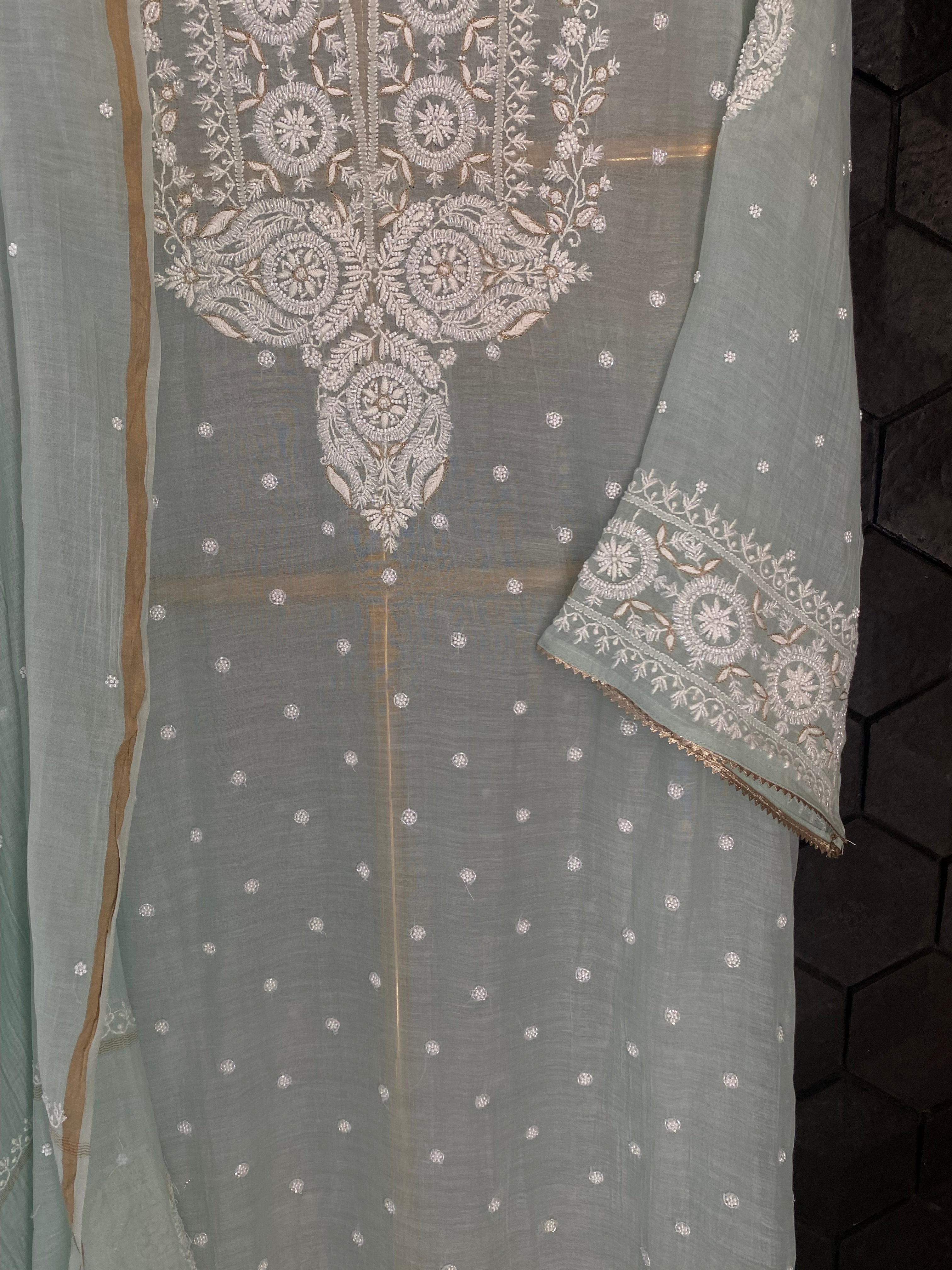 Sea Green Mul Chanderi Chikankari Kurta Set