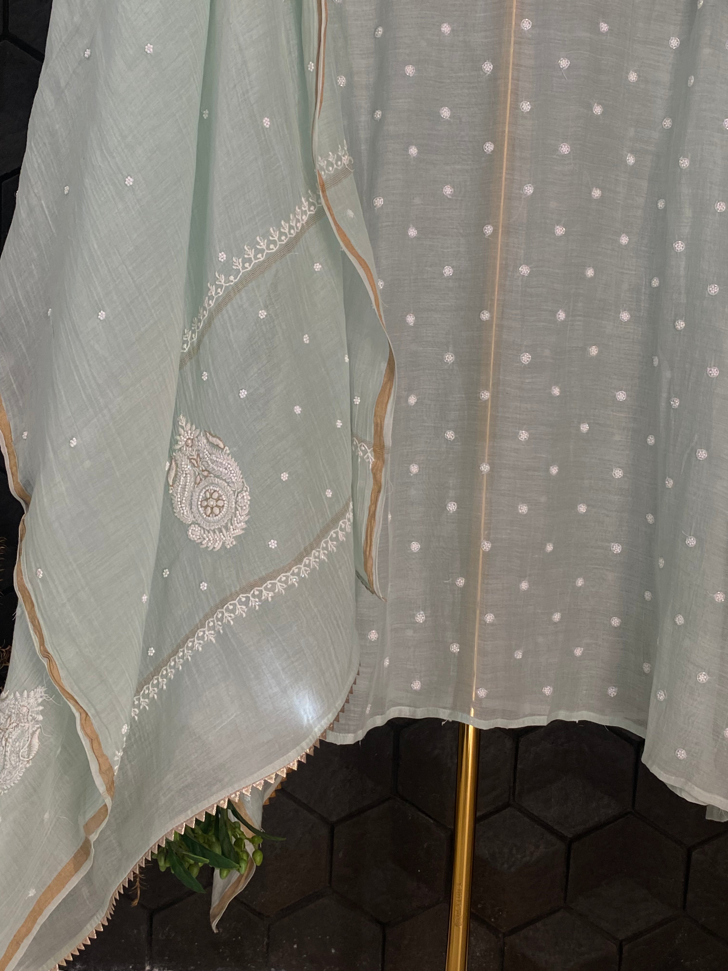 Sea Green Mul Chanderi Chikankari Kurta Set