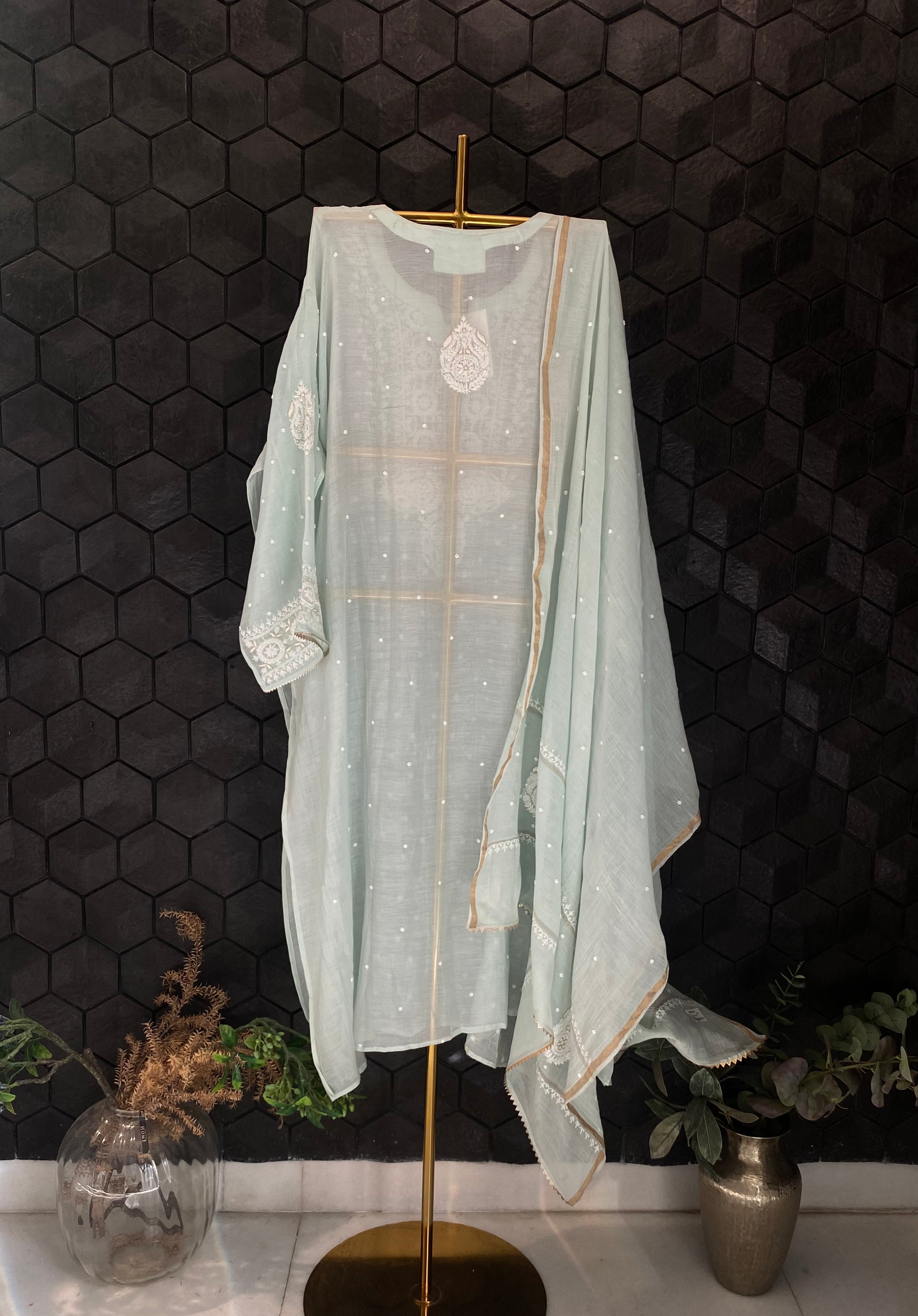 Sea Green Mul Chanderi Chikankari Kurta Set