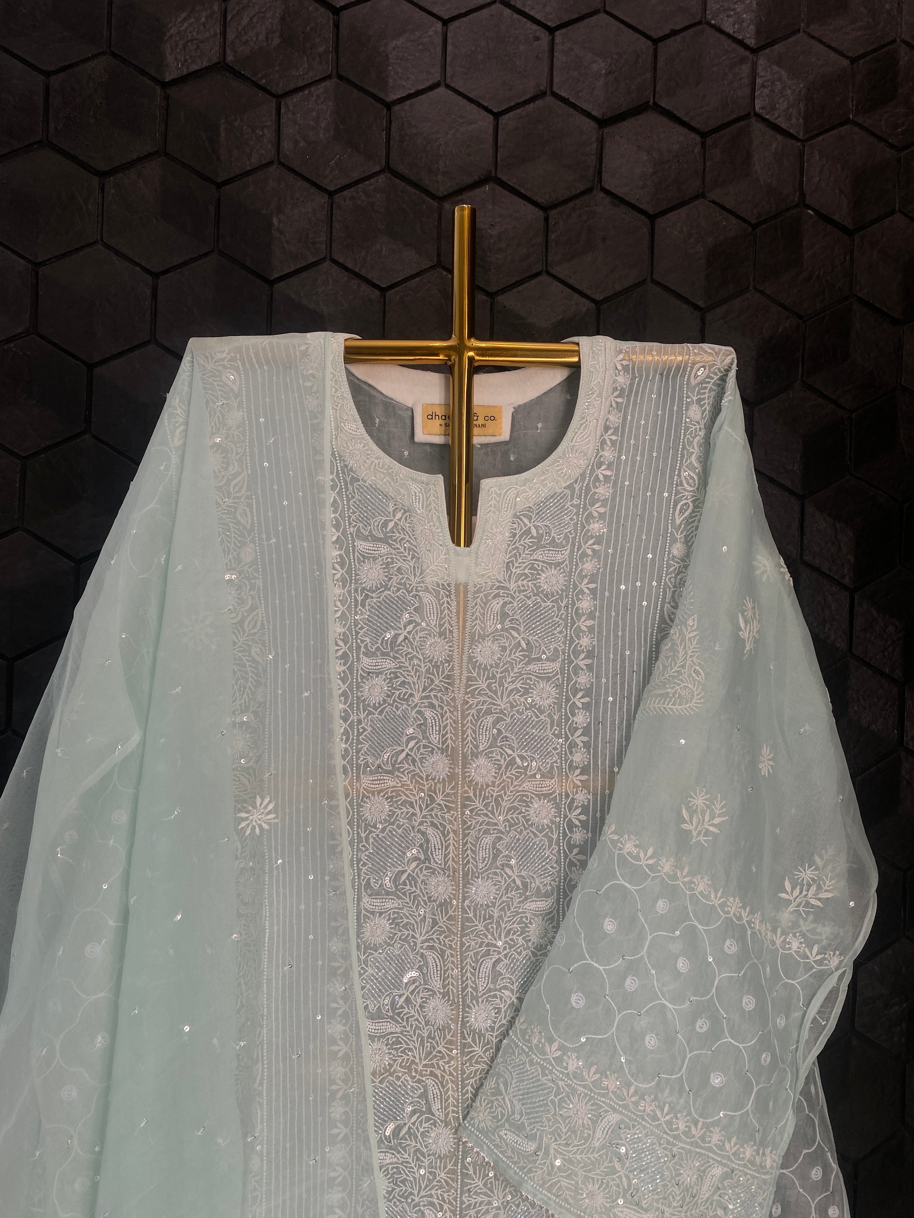 Blue Organza Chikankari Kurta Set