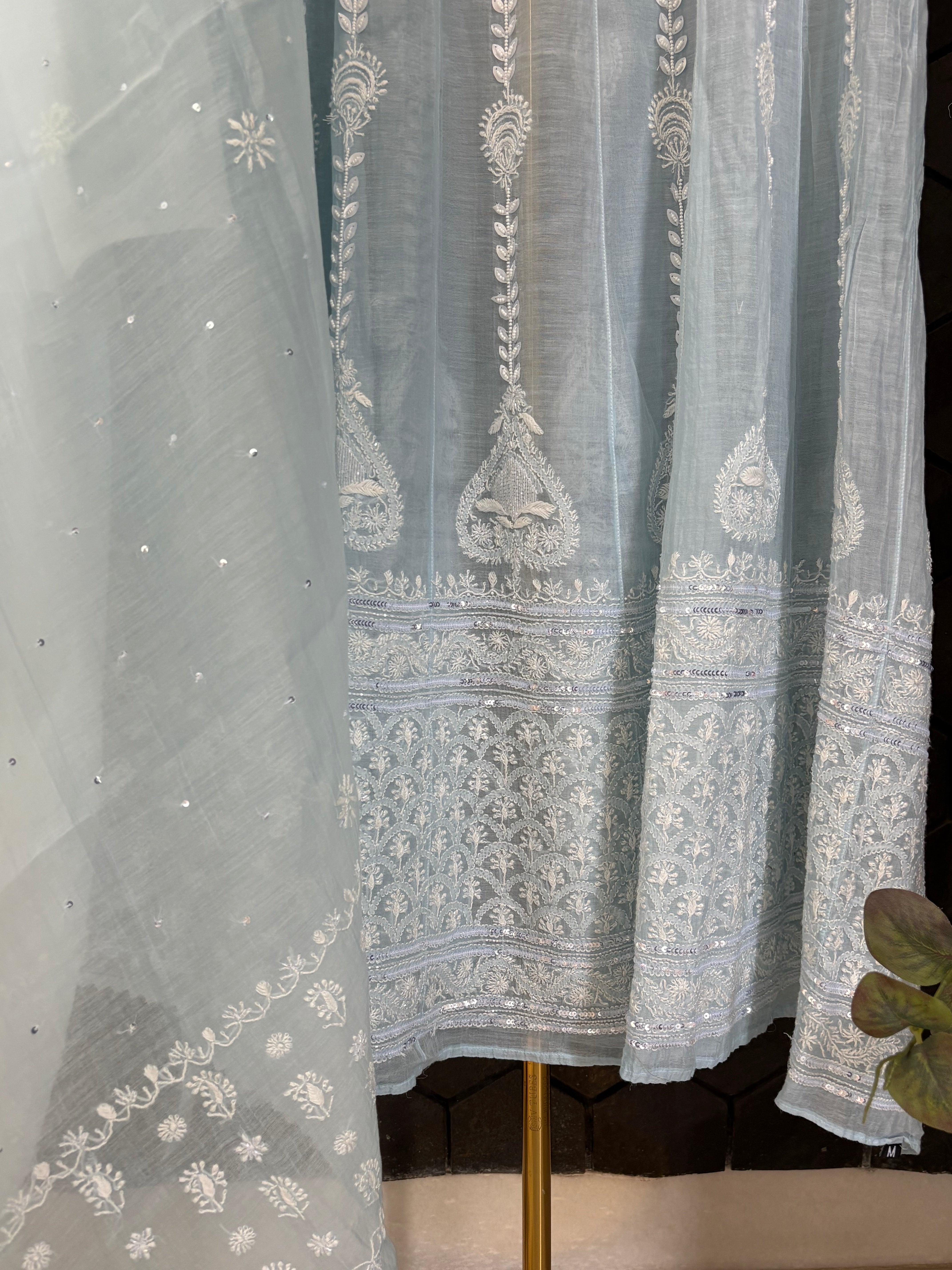 Ombre Blue Mul Chanderi Anarkali Set