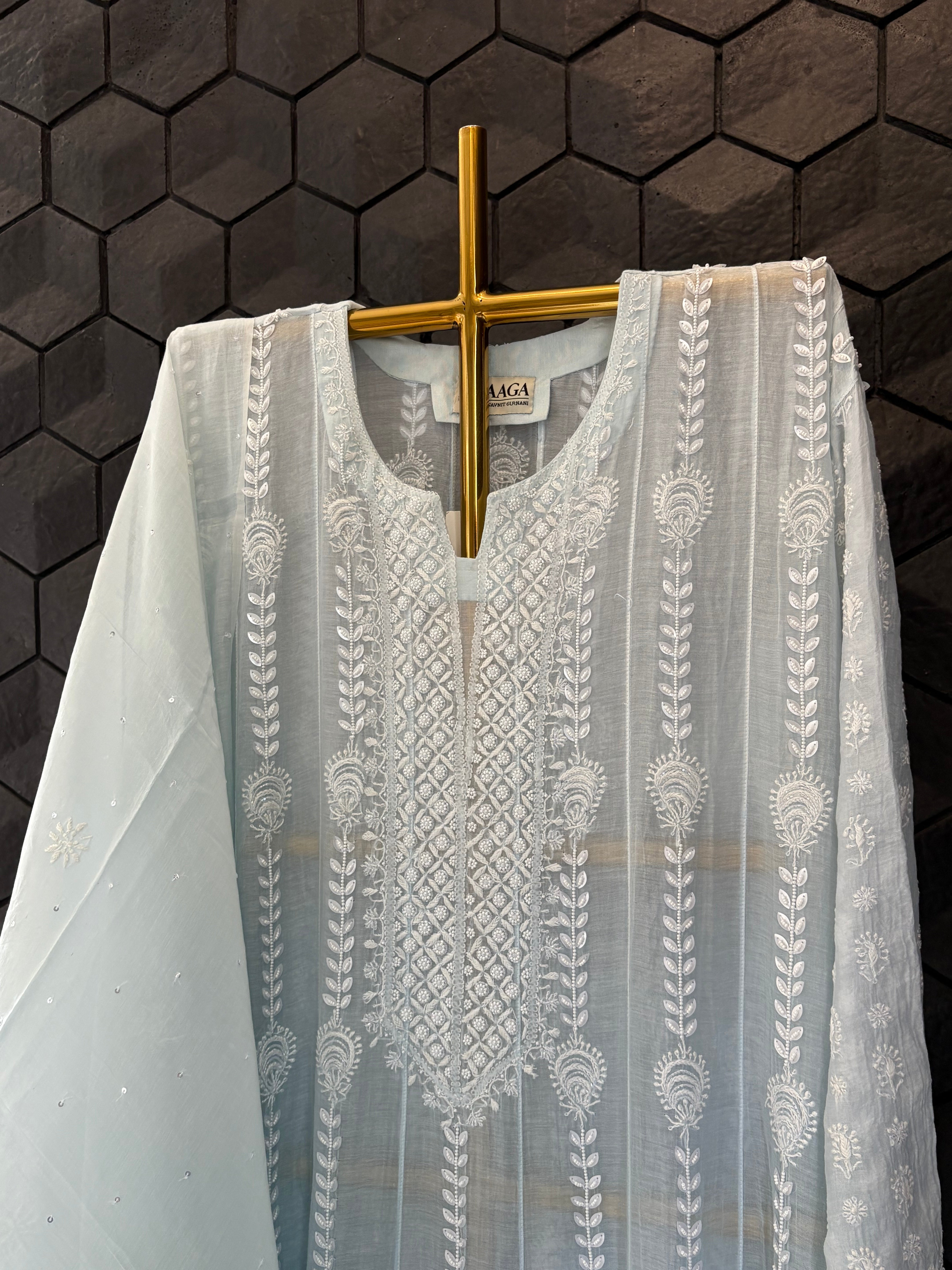 Ombre Blue Mul Chanderi Anarkali Set
