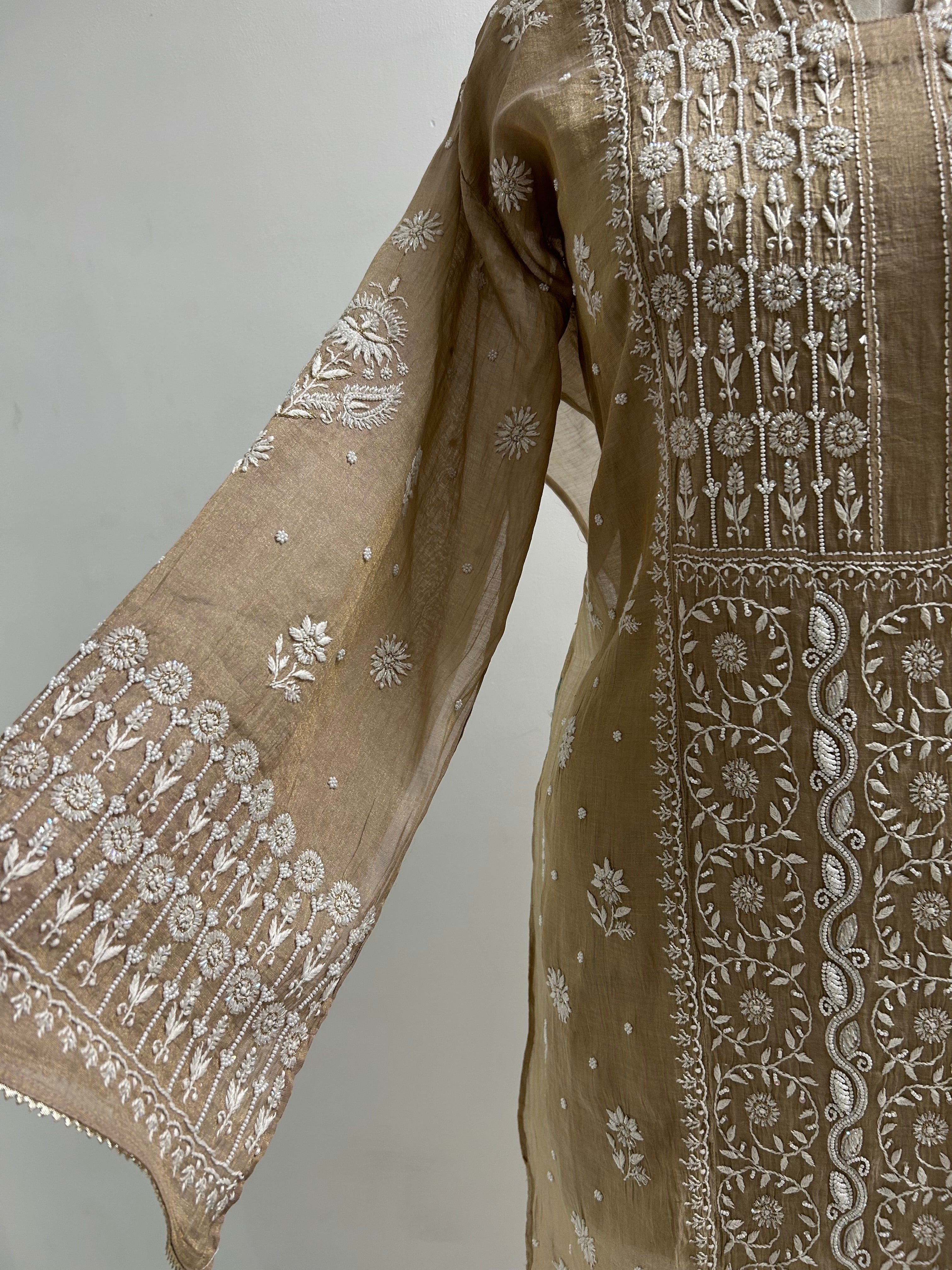 Brown Tissue Chikankari Kurta set