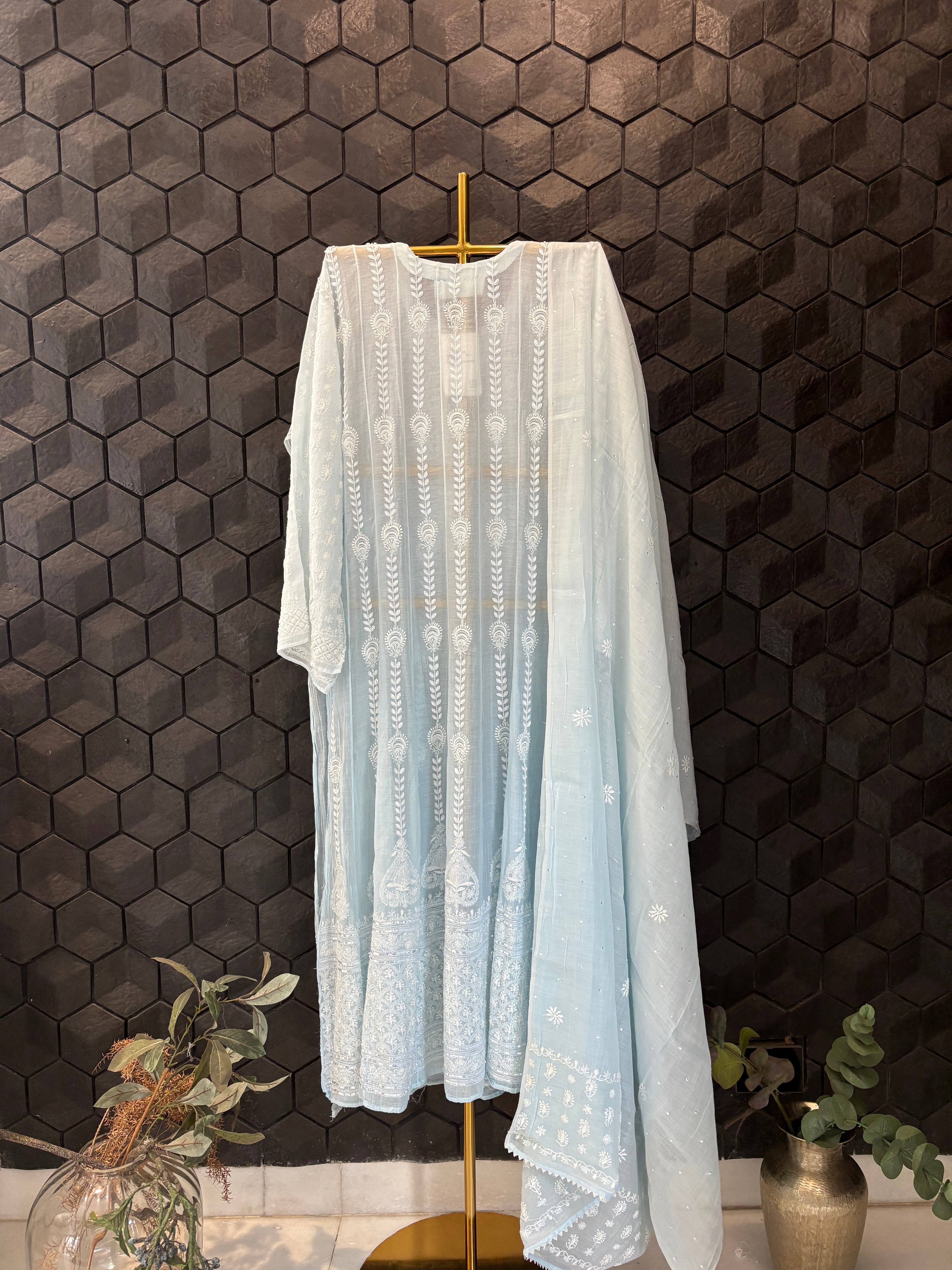Ombre Blue Mul Chanderi Anarkali Set